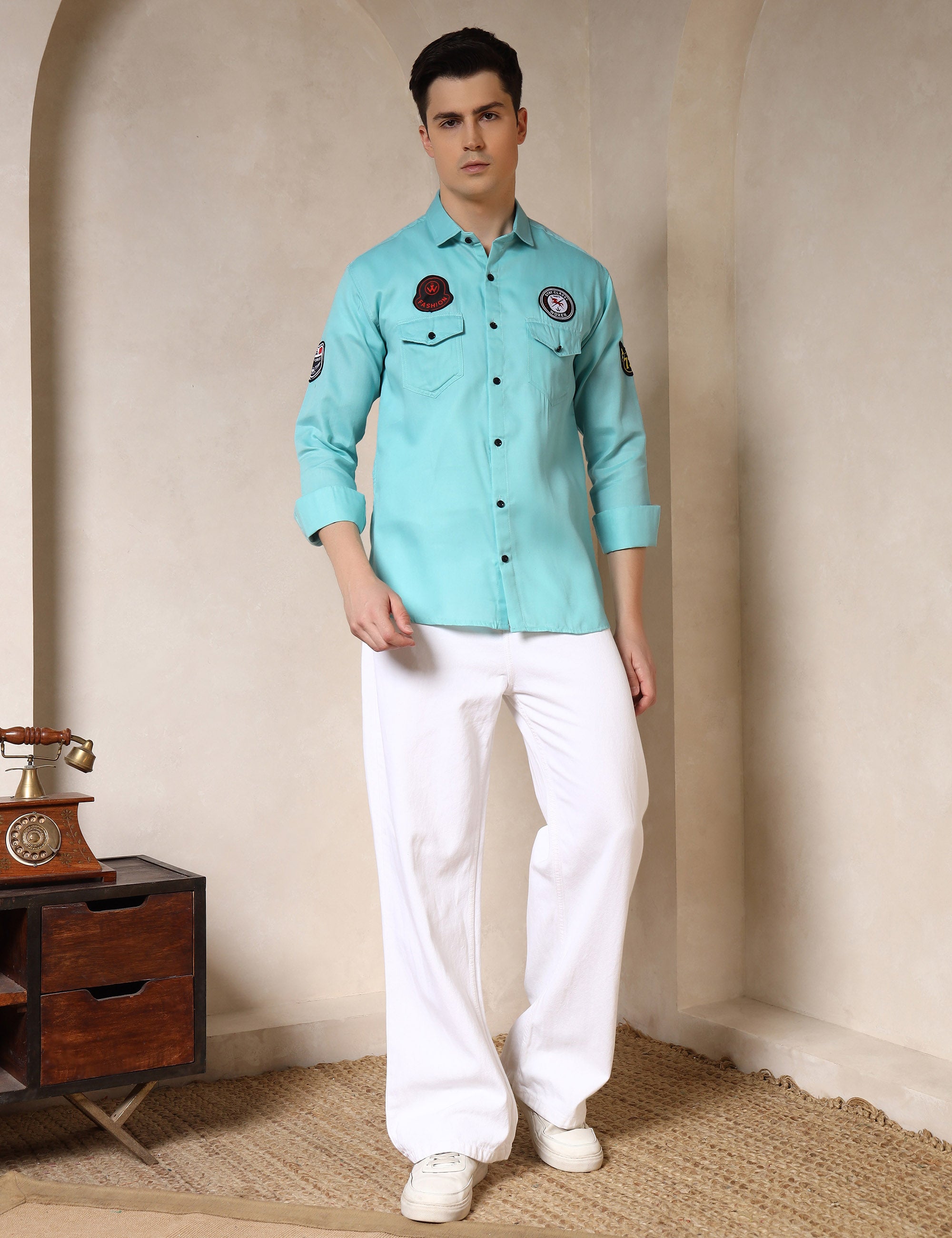 Urban Style Embroidery Patch Sea Green Cotton Blend Shirt