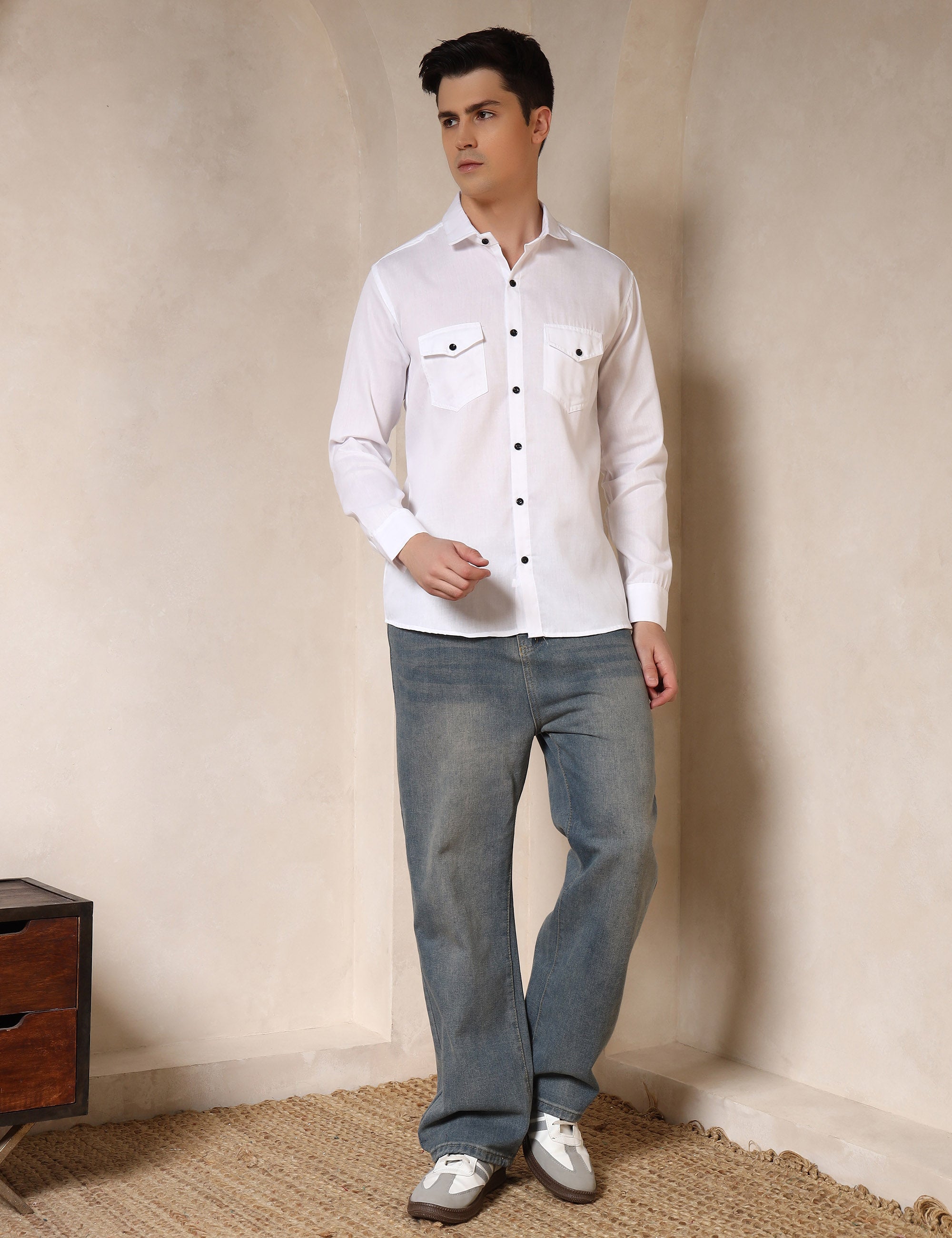 Classic White Dual Pocket Cotton Blend Shirt