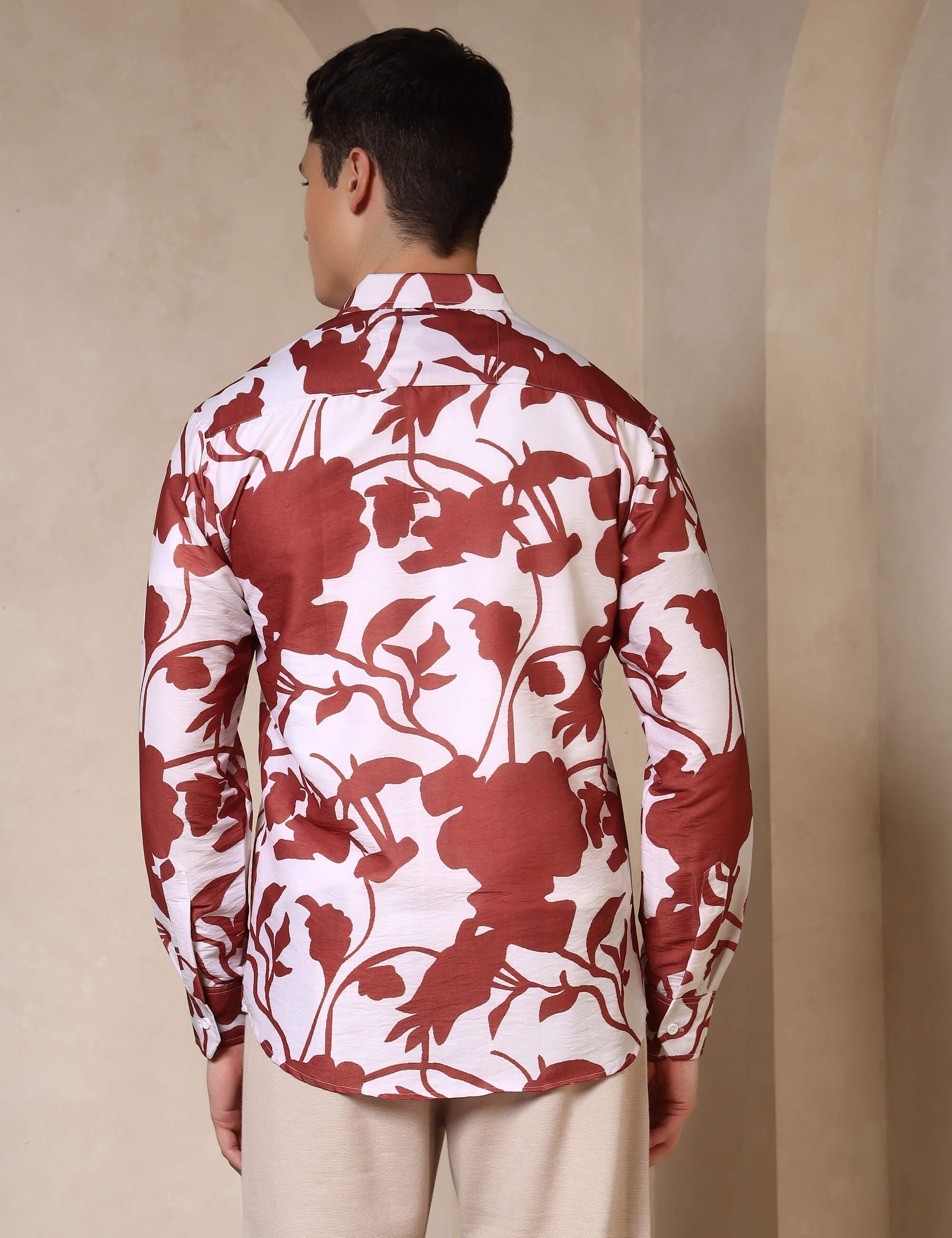 Rust Floral Silhouette Cotton Blend Casual Shirt