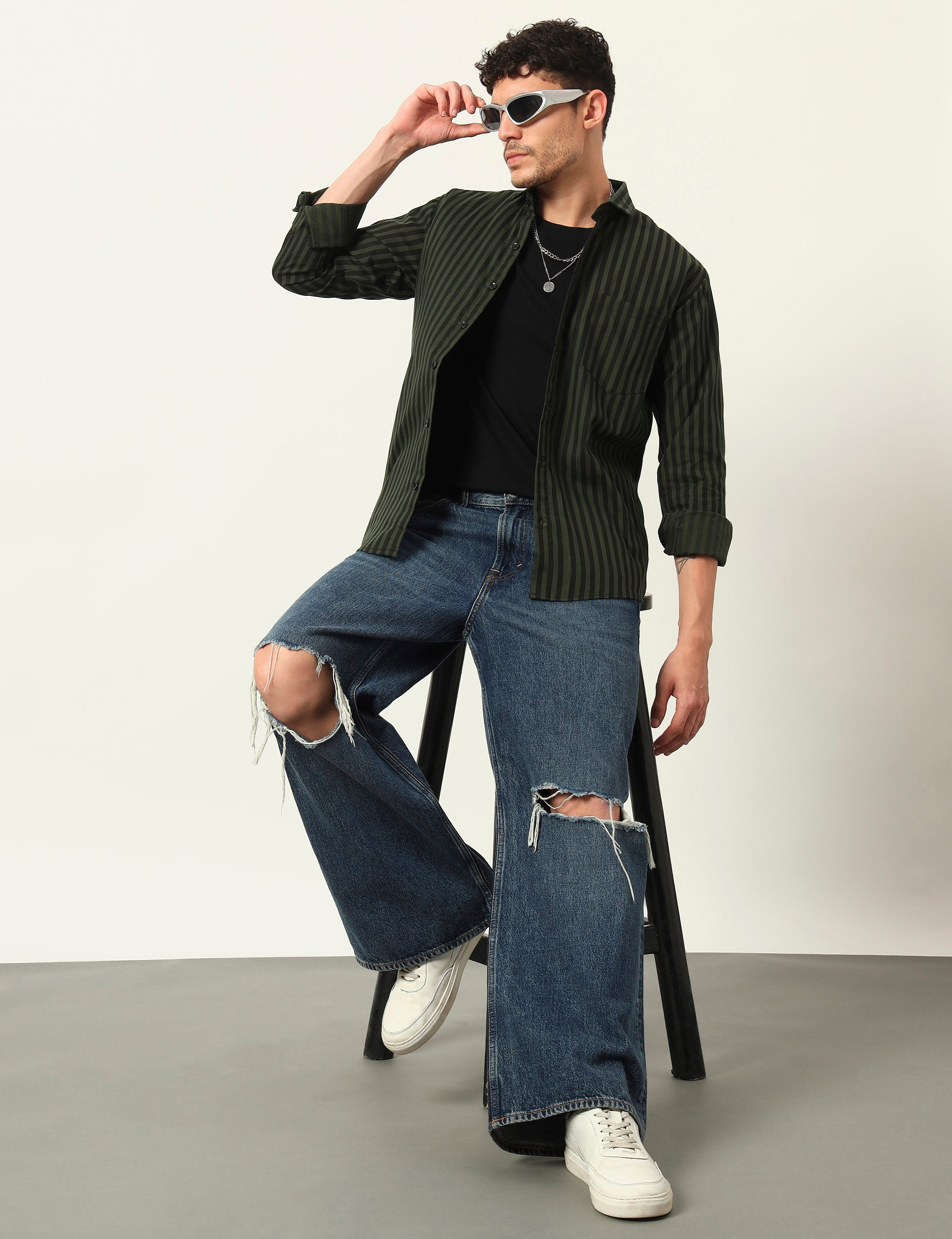 Inferno Stripes Casual Olive Green Cotton Blend Shirt