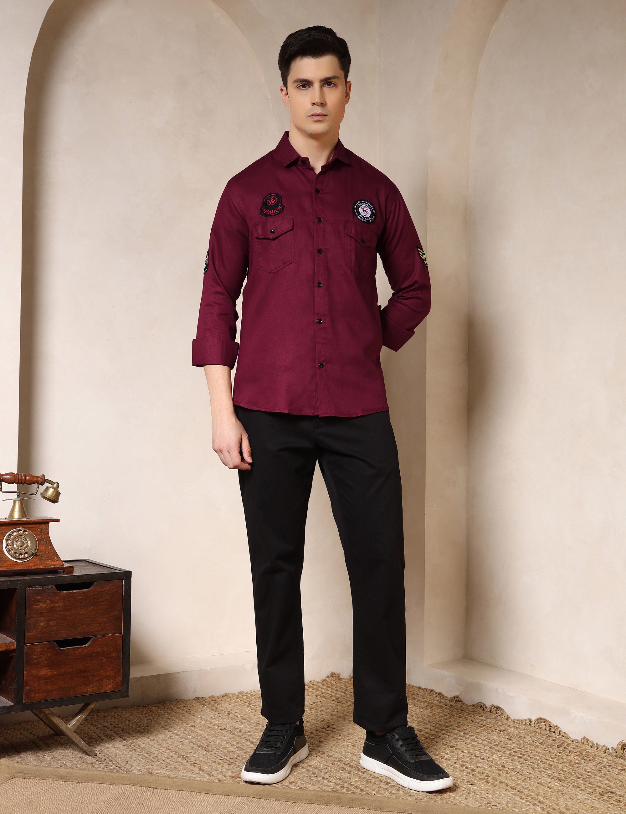 Urban Style Embroidery Patch Maroon Cotton Blend Shirt