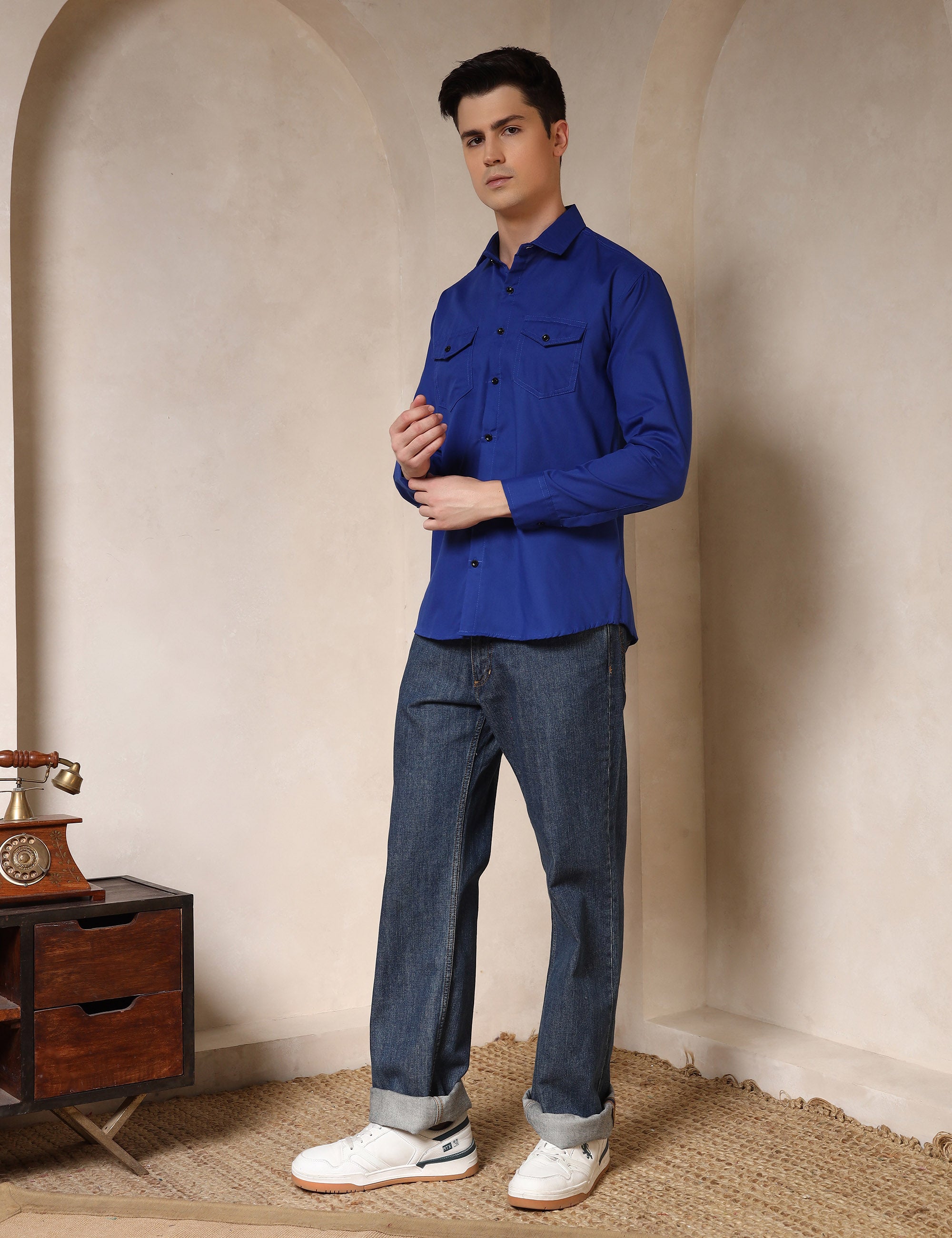 Classic Royal Blue Dual Pocket Cotton Blend Shirt