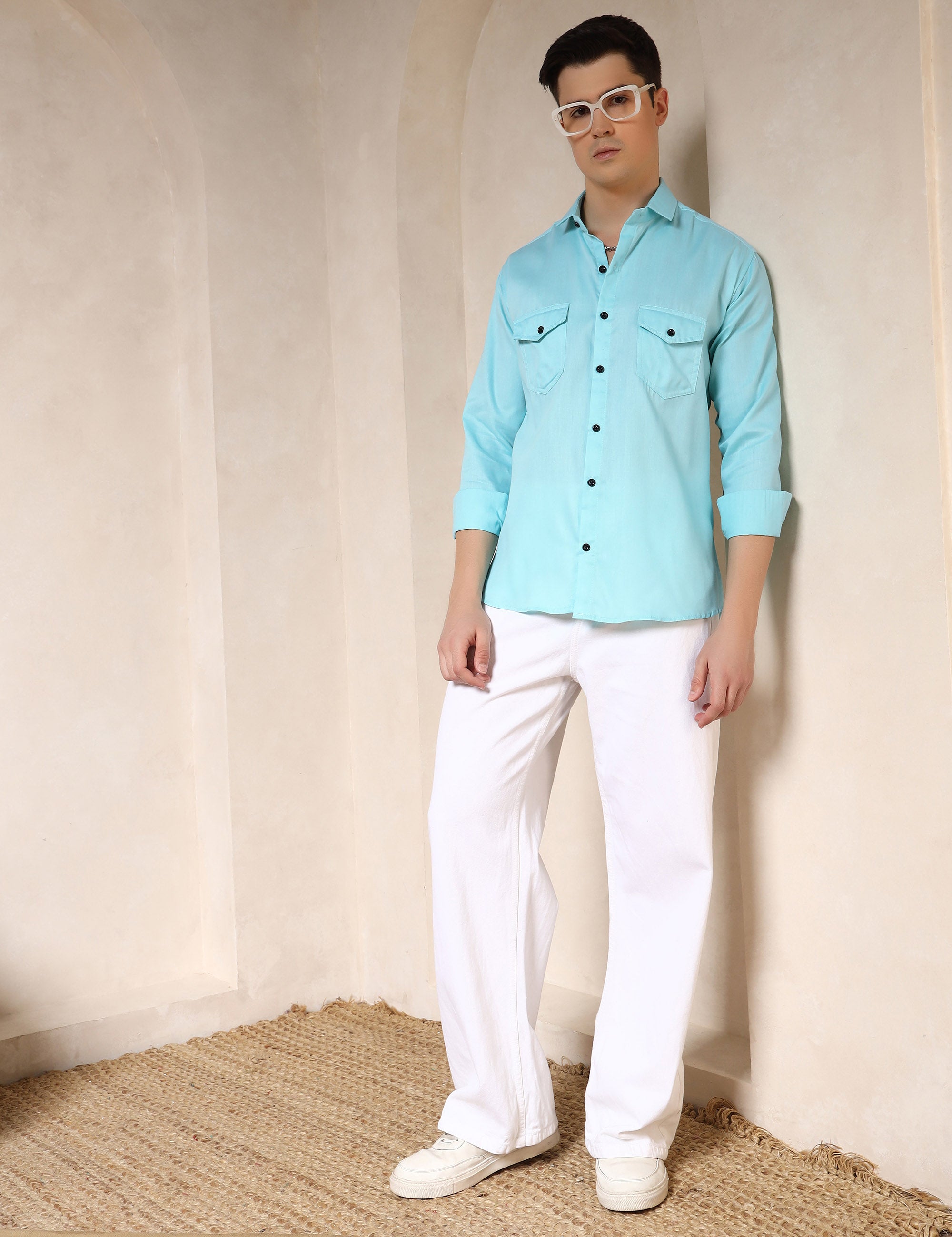 Classic Sea Green Dual Pocket Cotton Blend Shirt