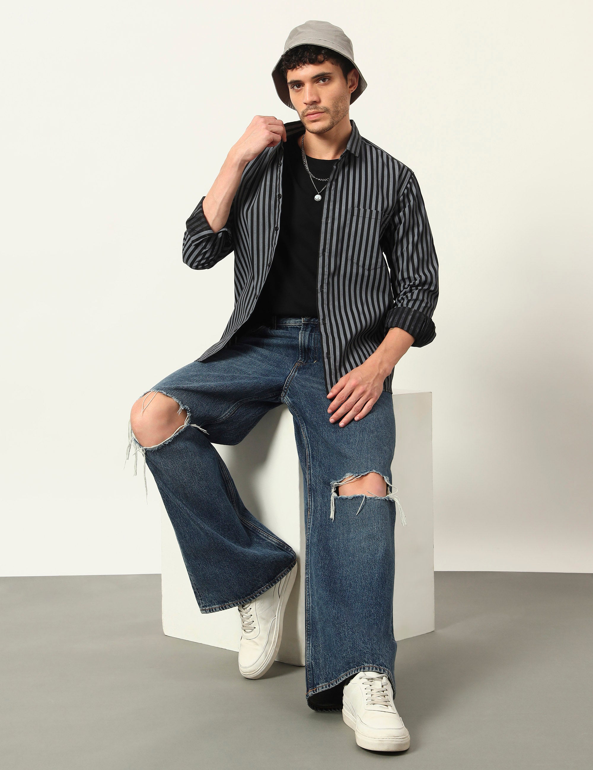 Inferno Stripes Casual Grey Cotton Blend Shirt