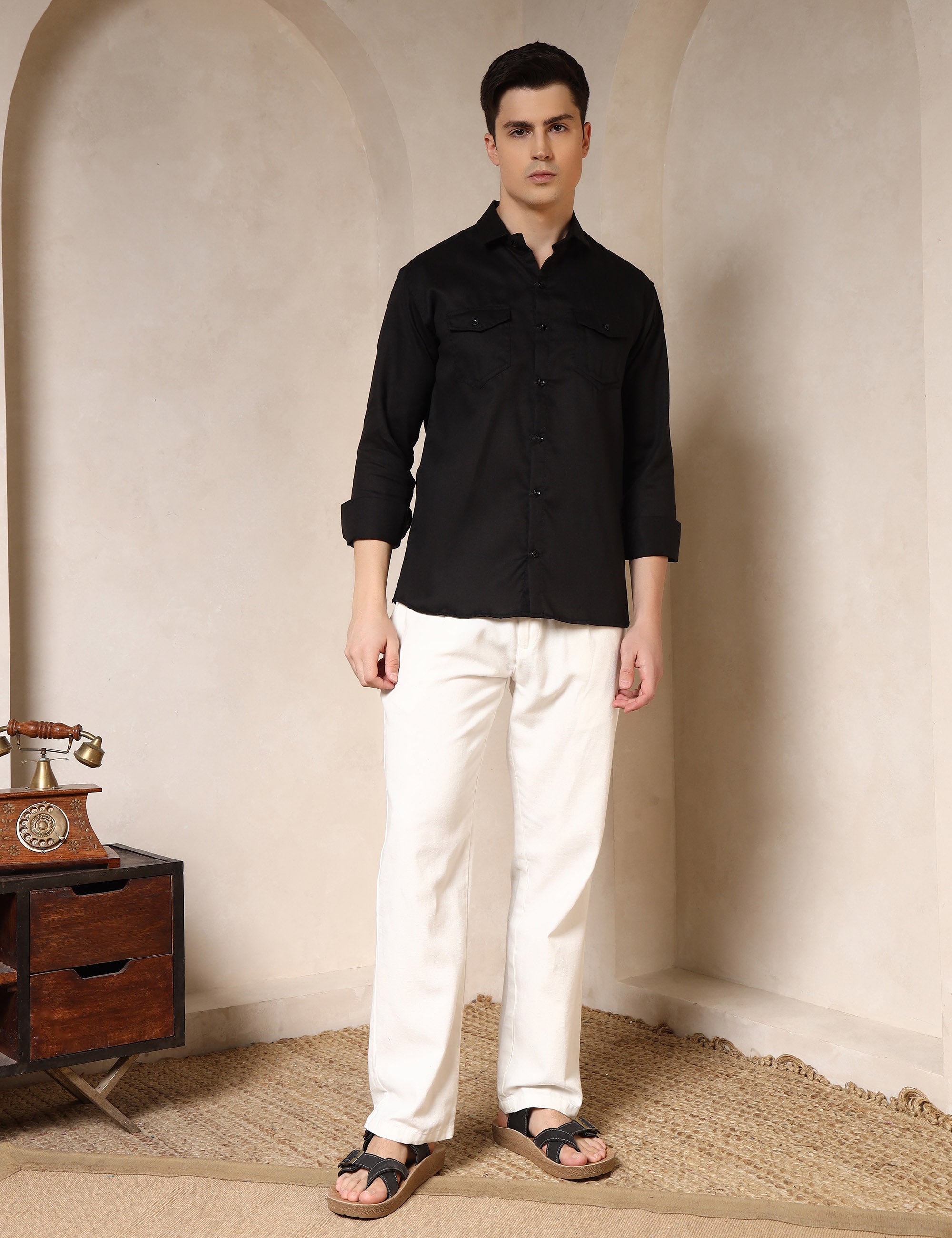 Classic Black Dual Pocket Cotton Blend Shirt