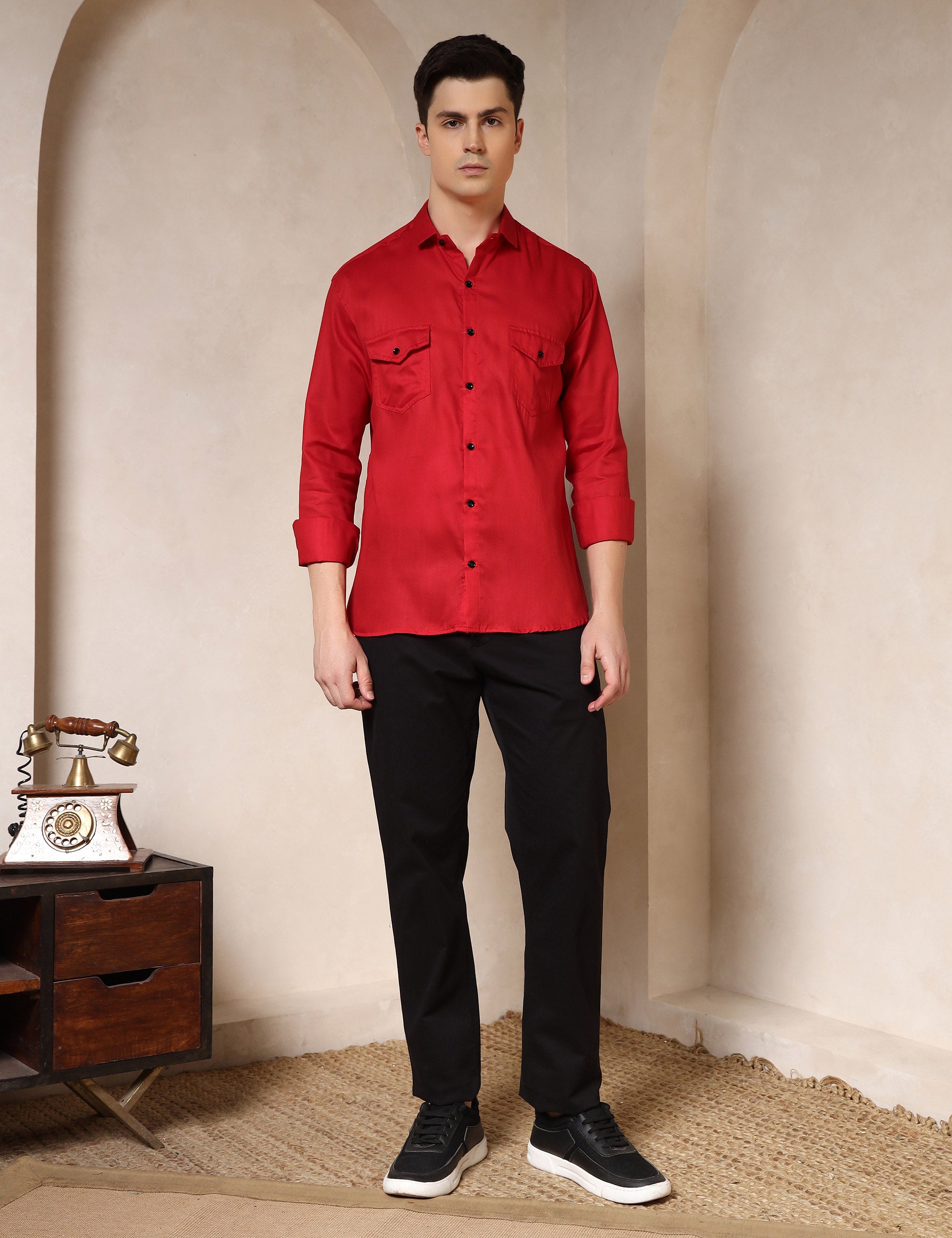 Classic Red Dual Pocket Cotton Blend Shirt