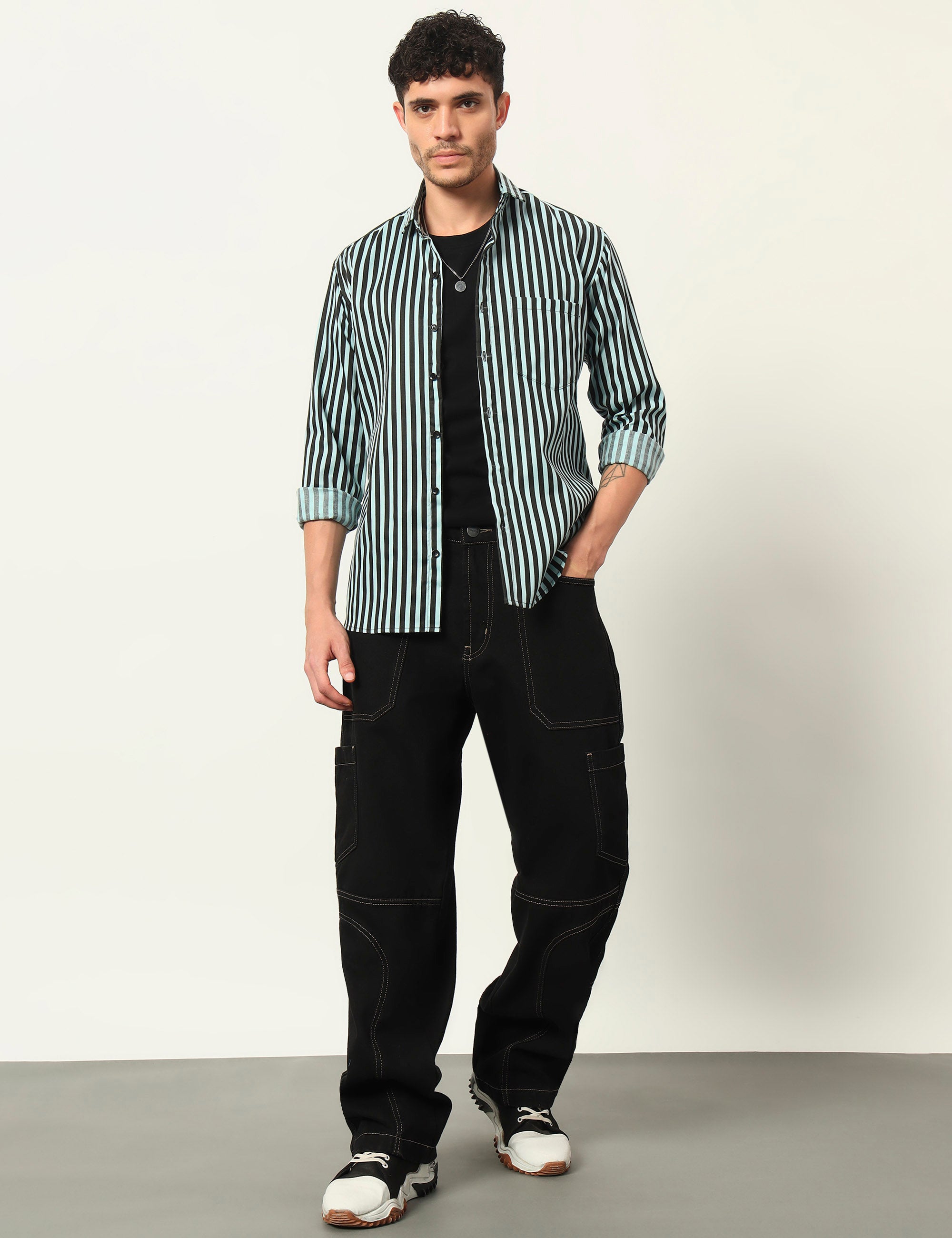 Inferno Stripes Casual Sea Green Cotton Blend Shirt