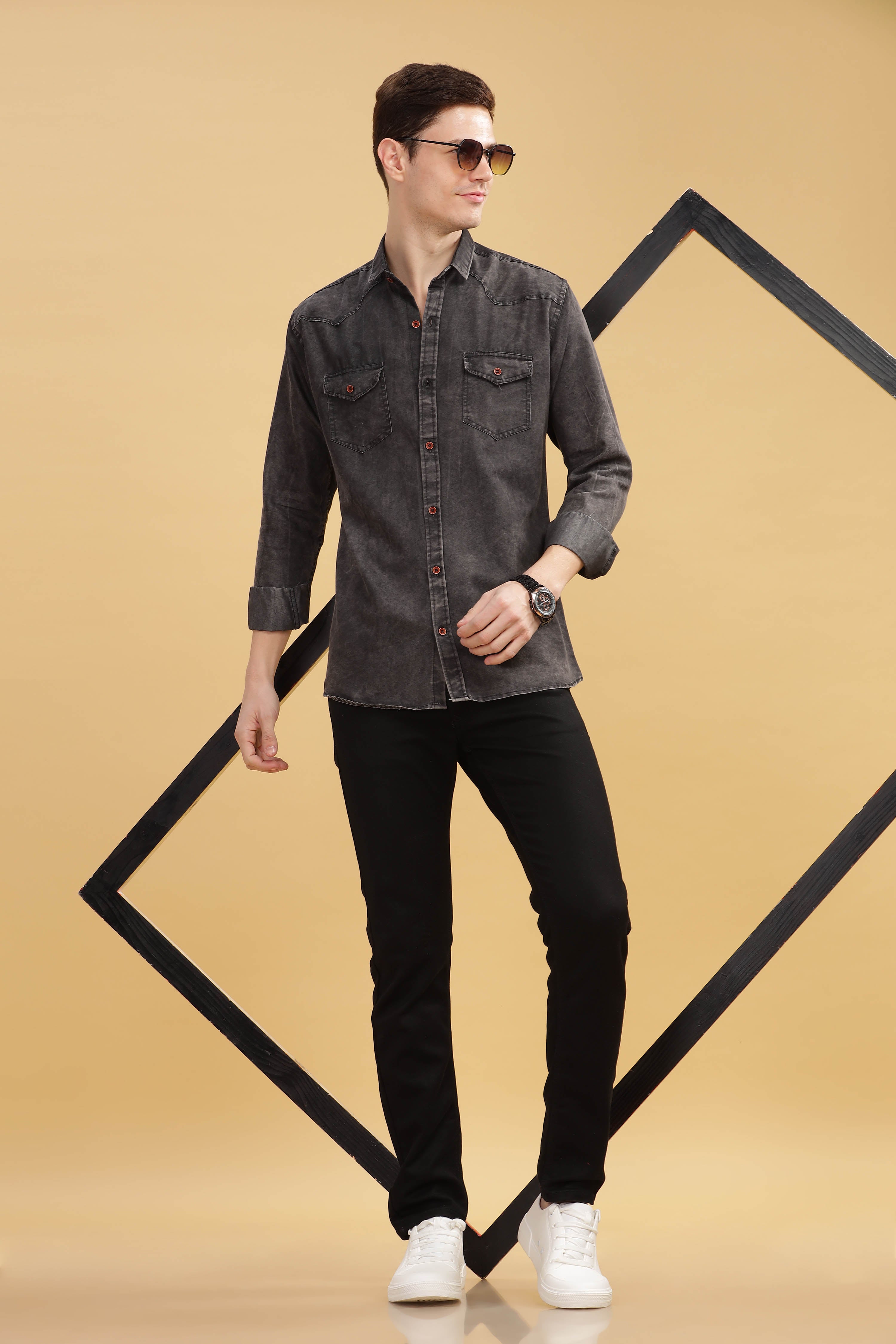 Men’s Washed Black Denim Utility Shirt