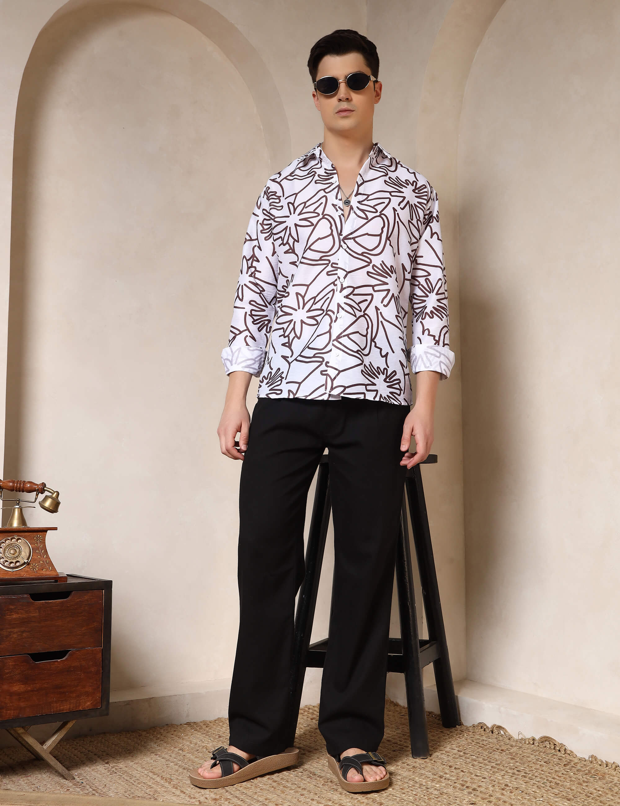 Minimal Floral Line Art Cotton Blend Casual Shirt
