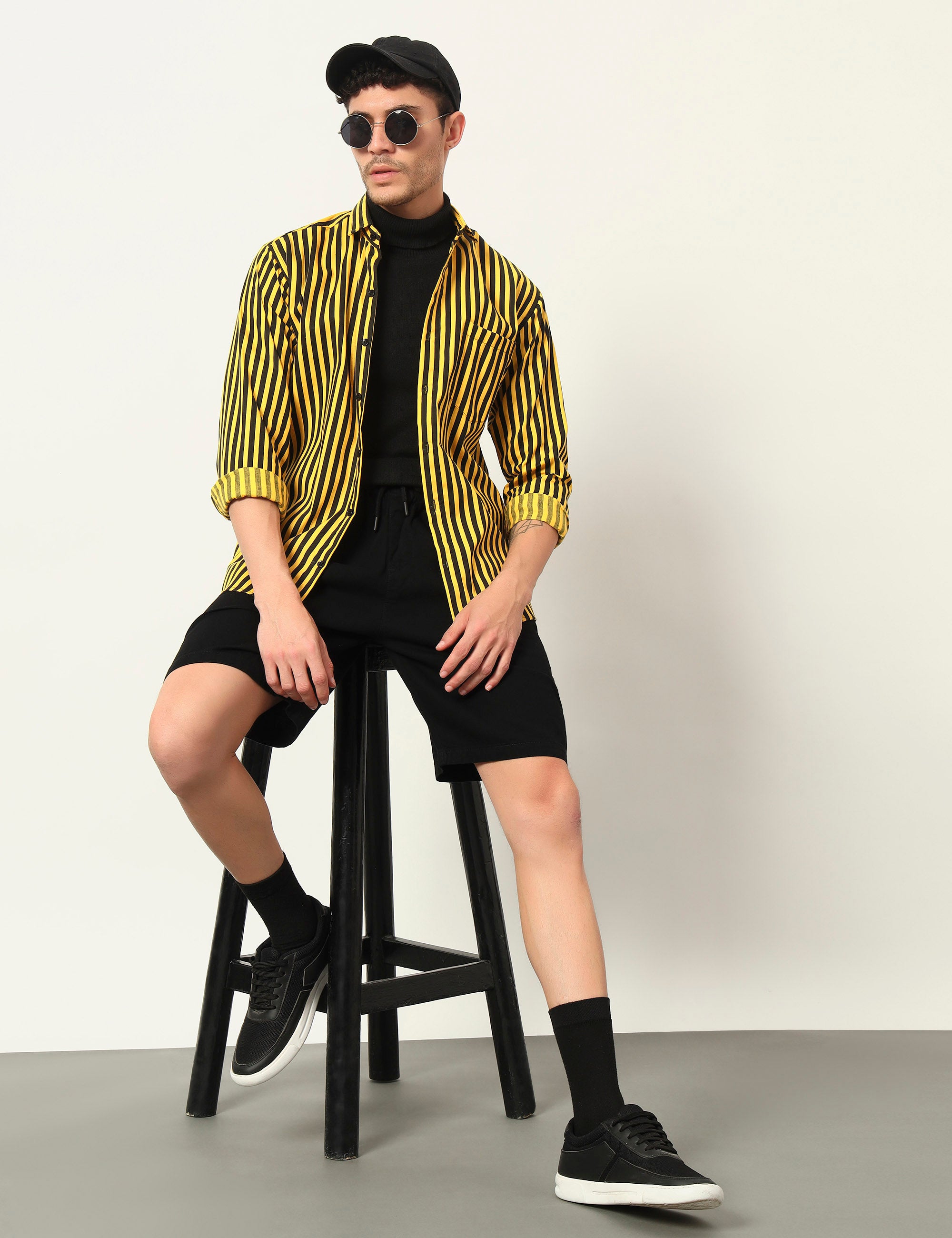 Inferno Stripes Casual Yellow Cotton Blend Shirt