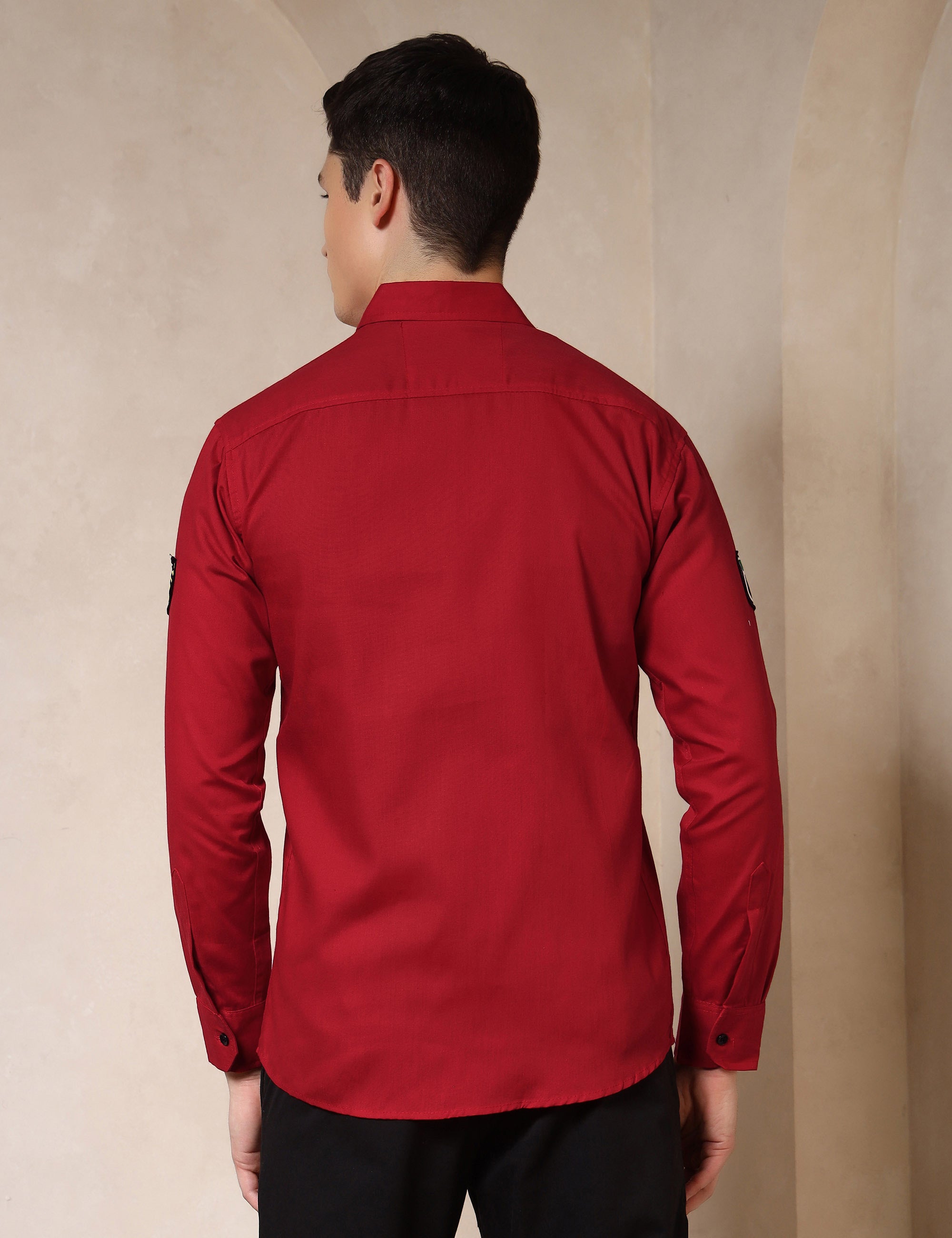 Urban Style Embroidery Patch Red Cotton Blend Shirt