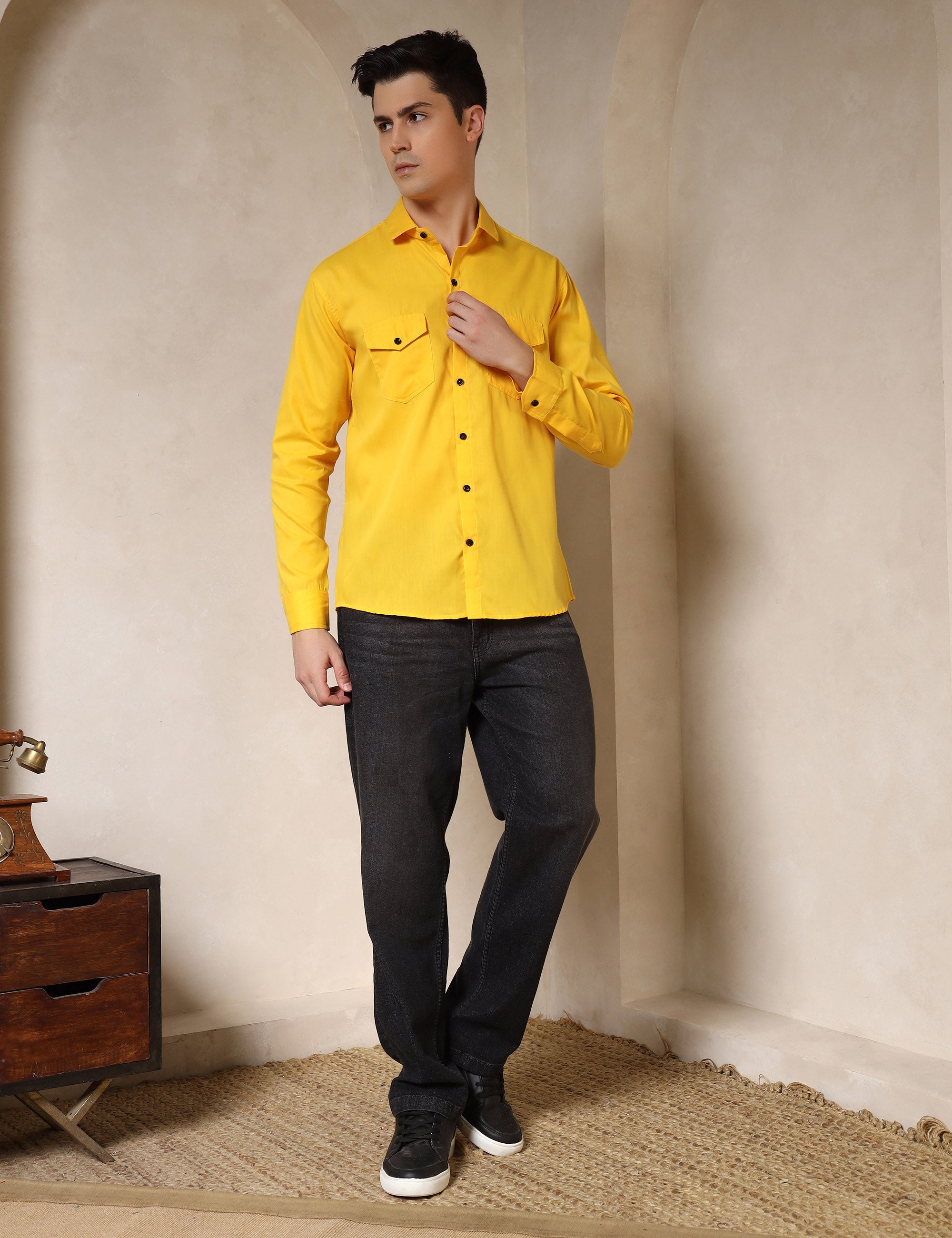 Classic Yellow Dual Pocket Cotton Blend Shirt