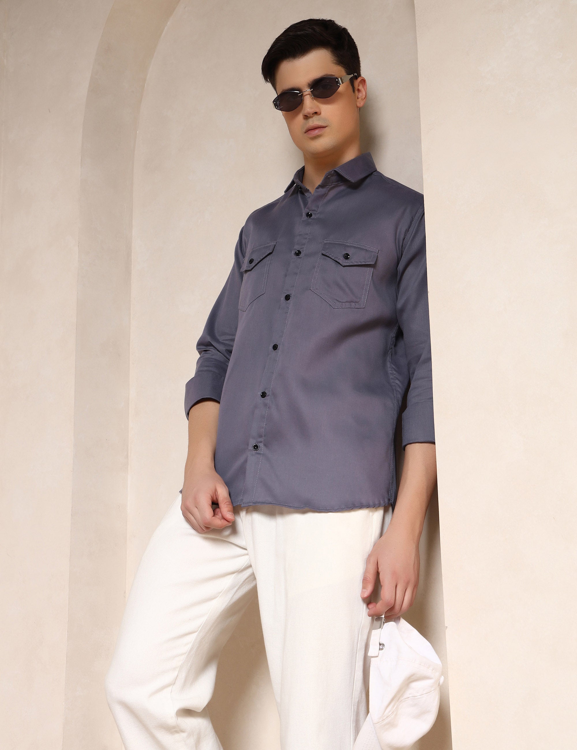 Classic Grey Dual Pocket Cotton Blend Shirt