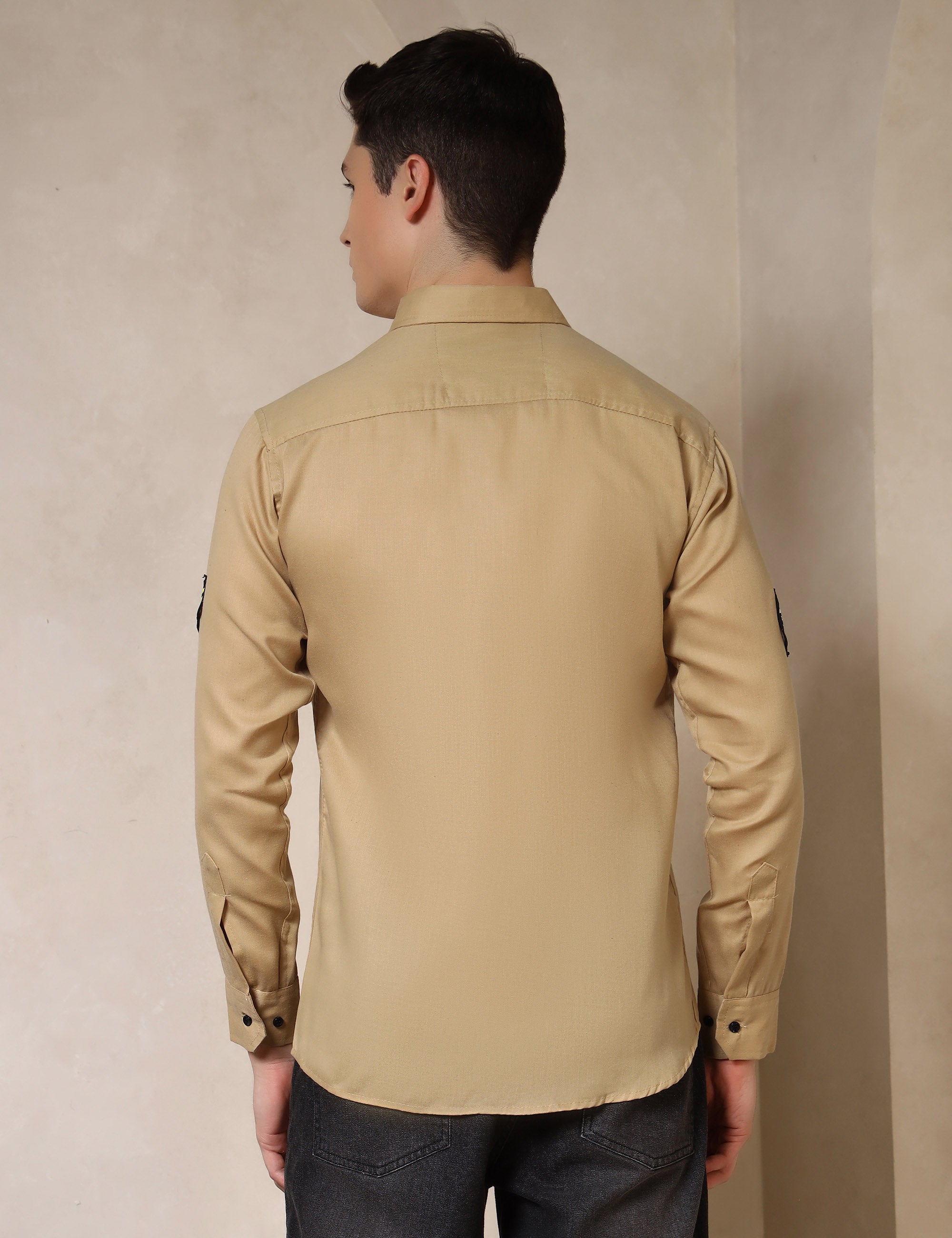Urban Style Embroidery Patch Ochre Yellow Cotton Blend Shirt