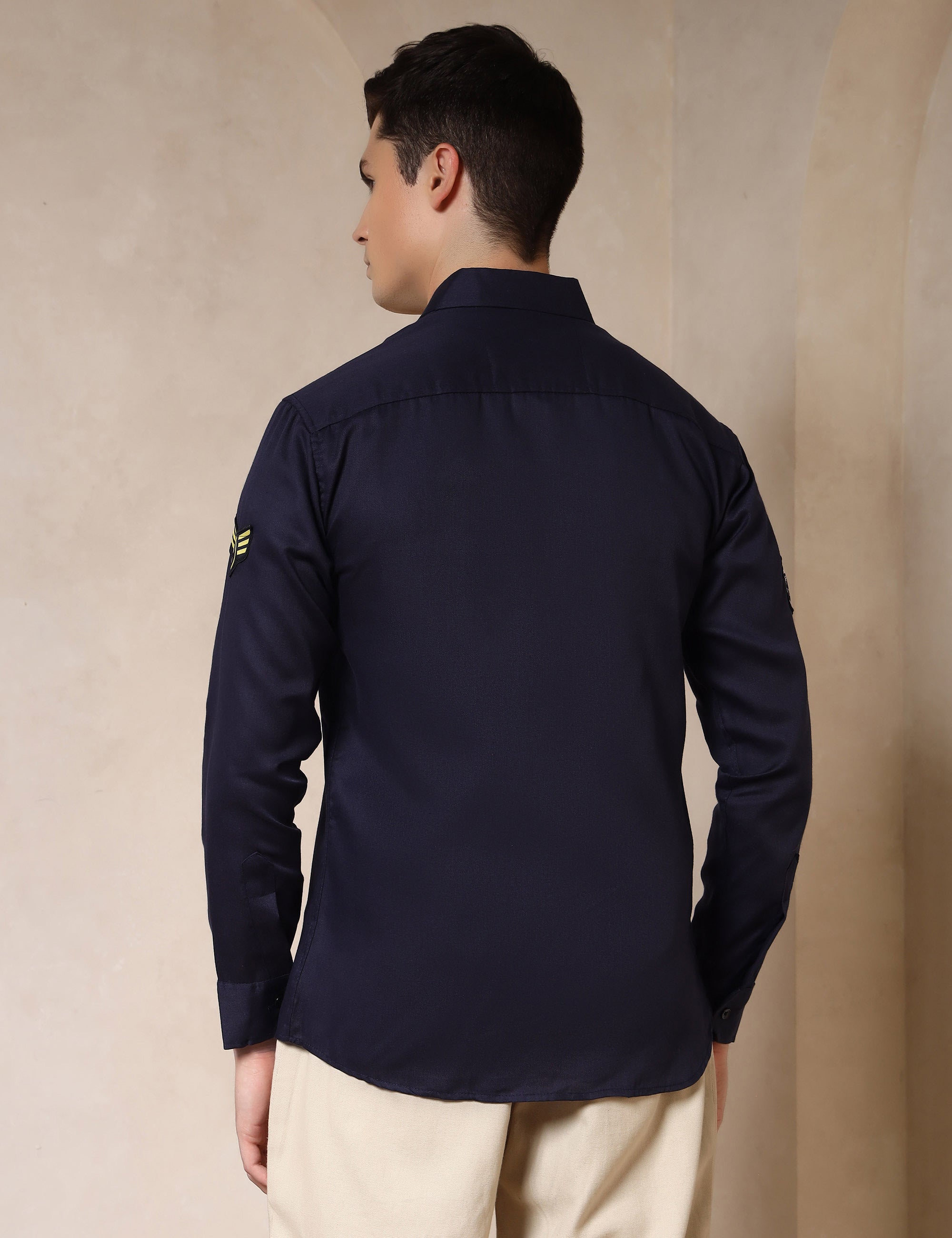 Urban Style Embroidery Patch Navy Blue Cotton Blend Shirt