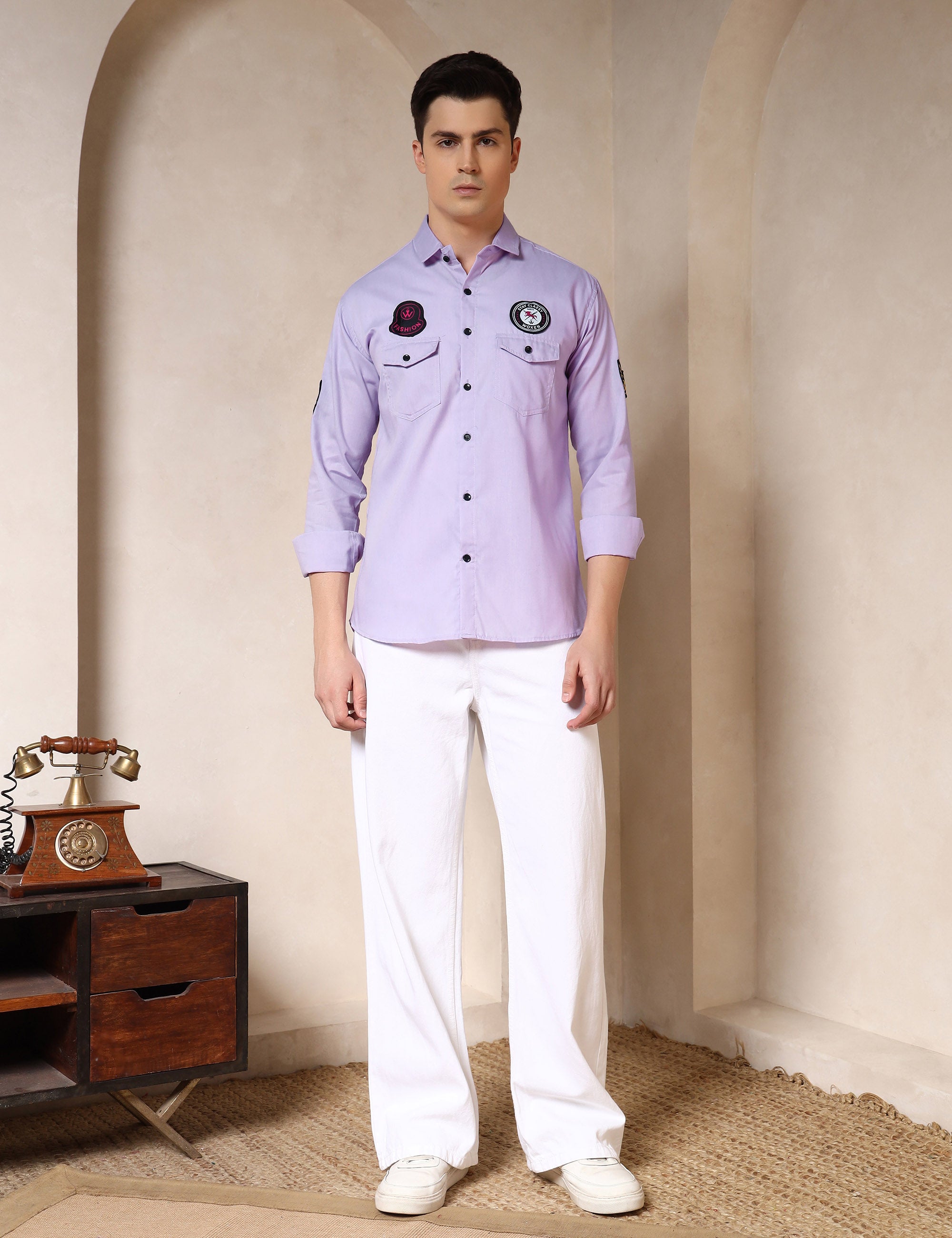 Urban Style Embroidery Patch Lavender Cotton Blend Shirt