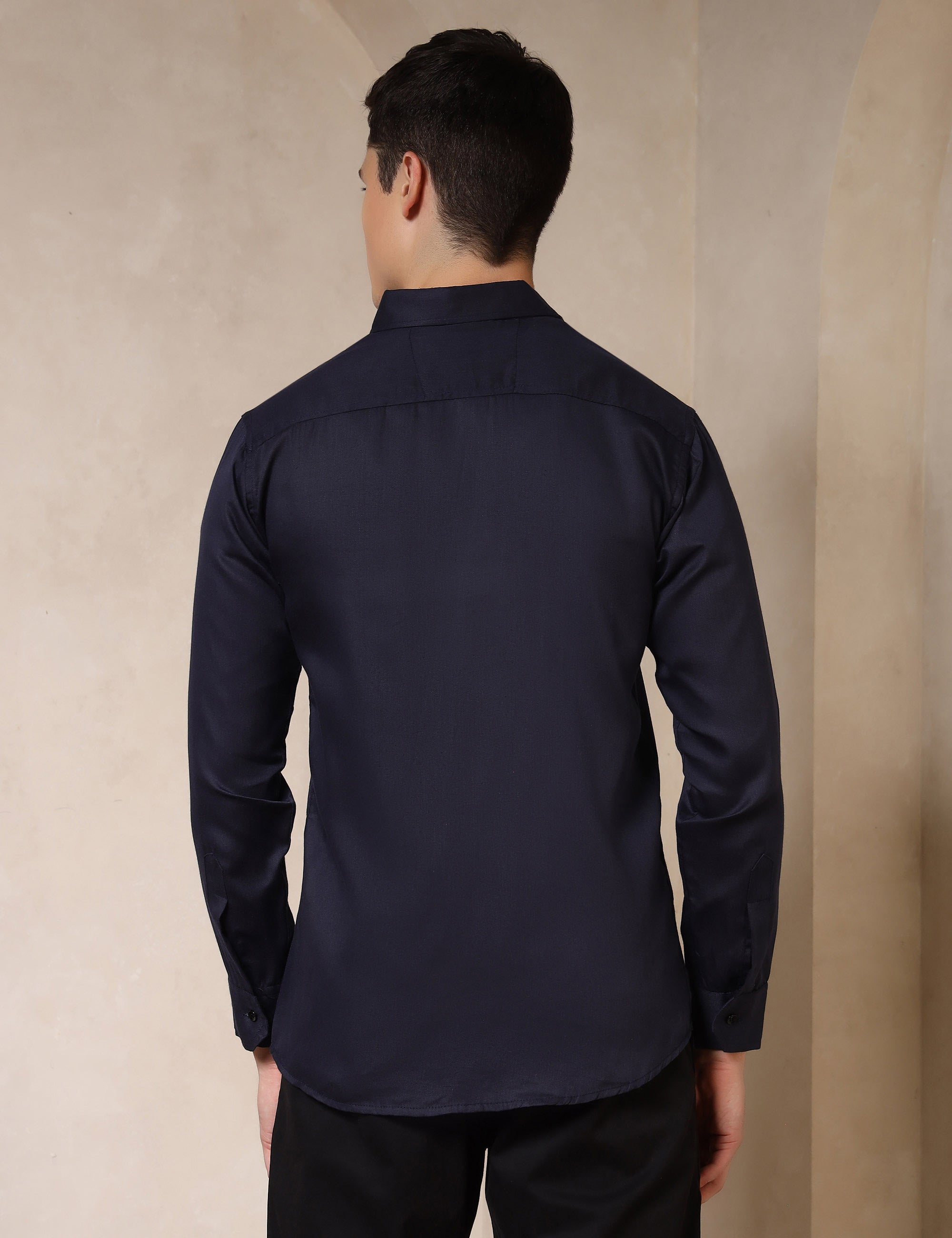 Classic Navy Blue Dual Pocket Cotton Blend Shirt