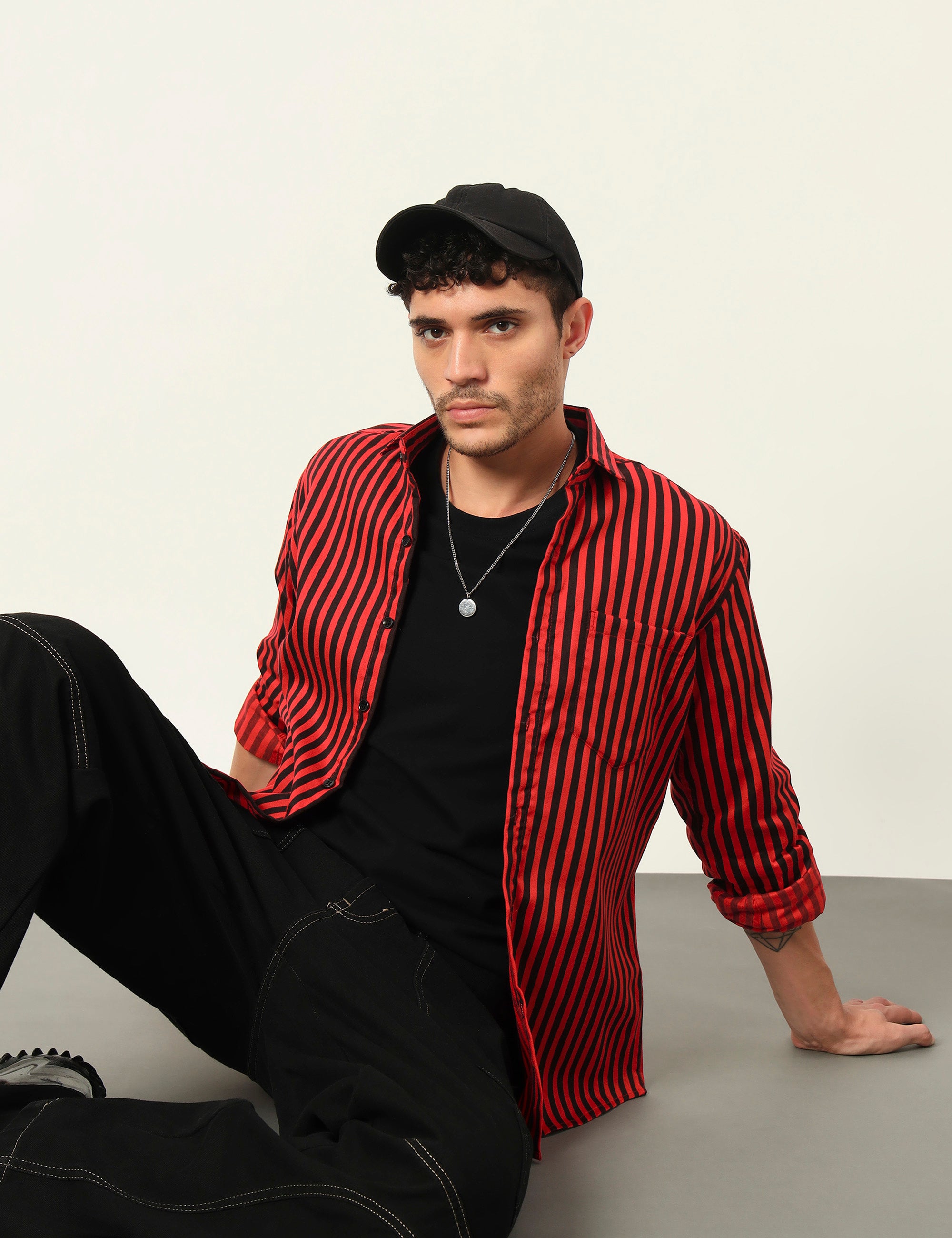 Inferno Stripes Casual Red Cotton Blend Shirt