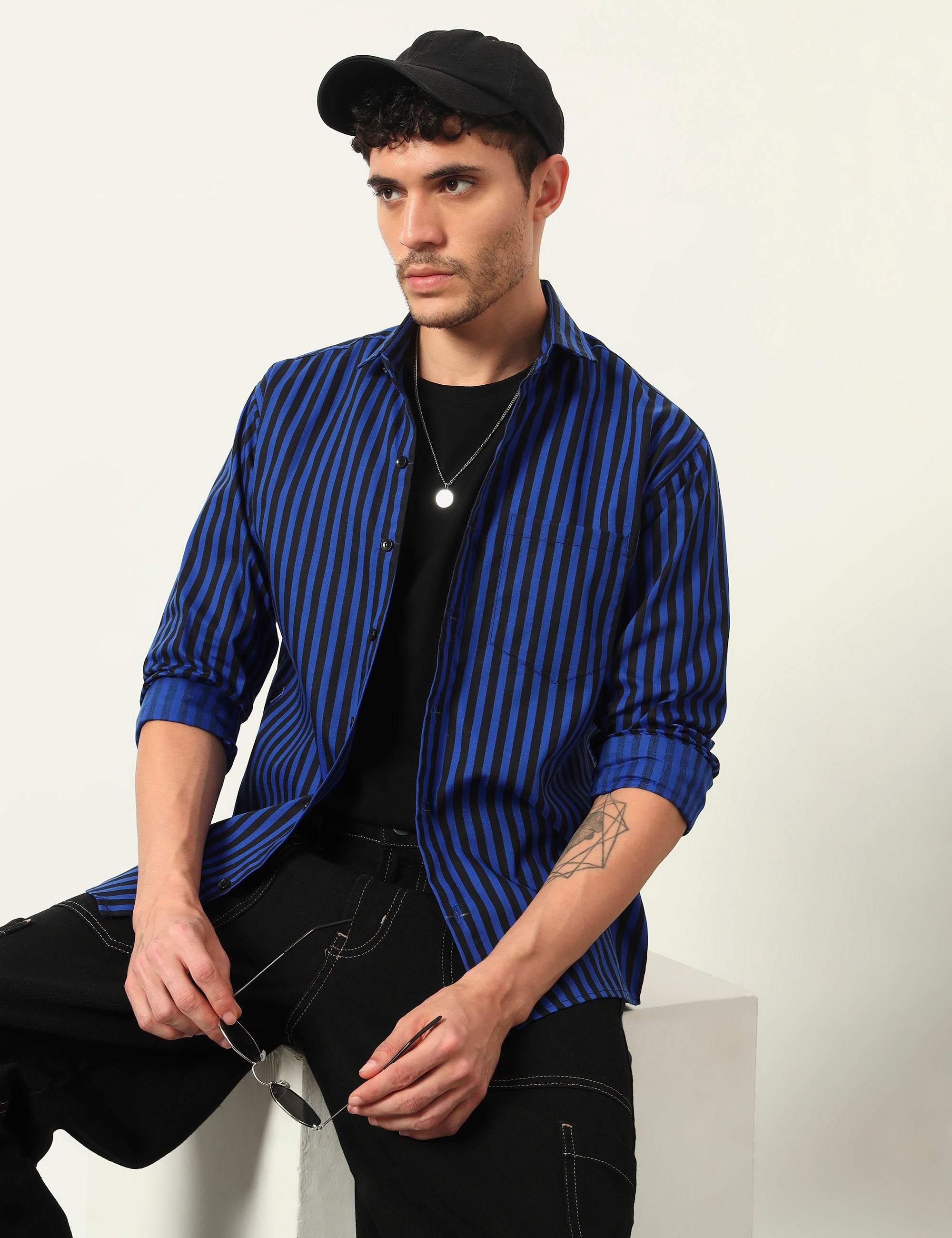 Inferno Stripes Casual Royal Blue Cotton Blend Shirt