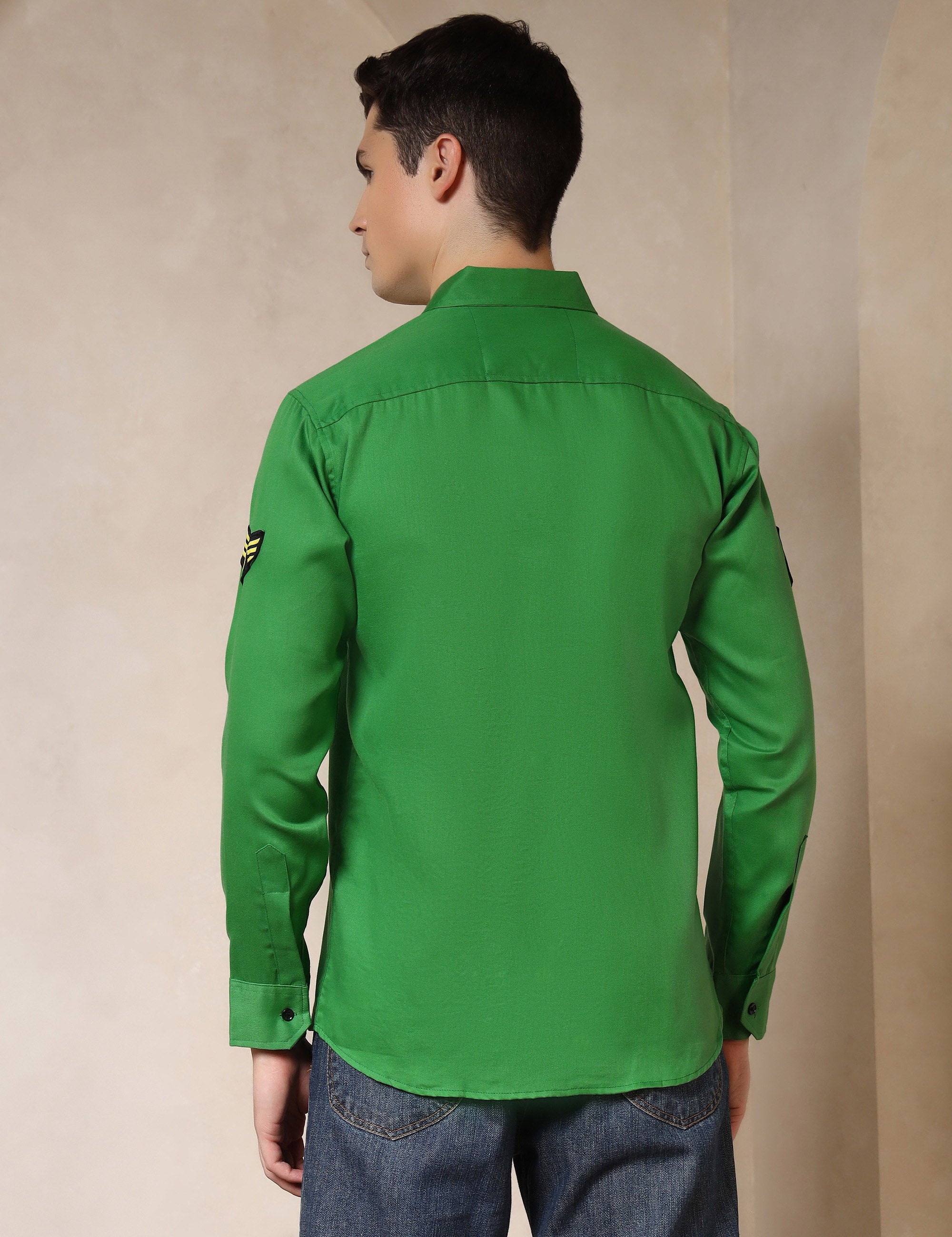 Urban Style Embroidery Patch Bright Green Cotton Blend Shirt