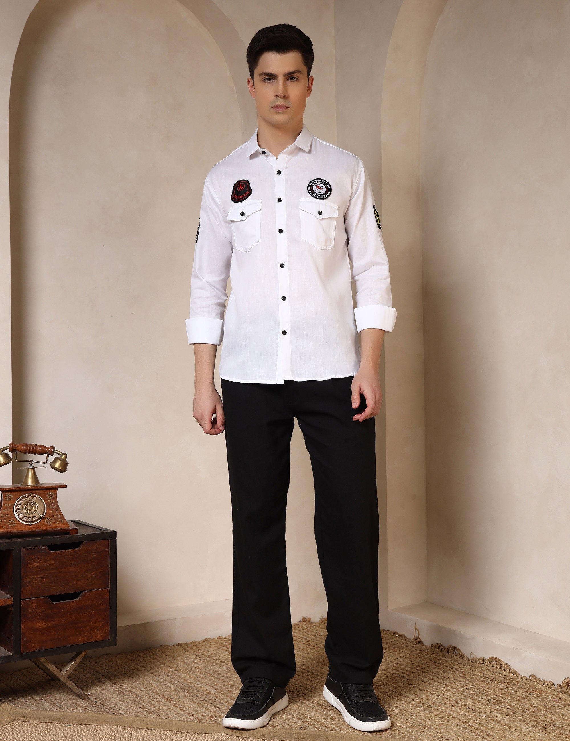 Urban Style Embroidery Patch White Cotton Blend Shirt