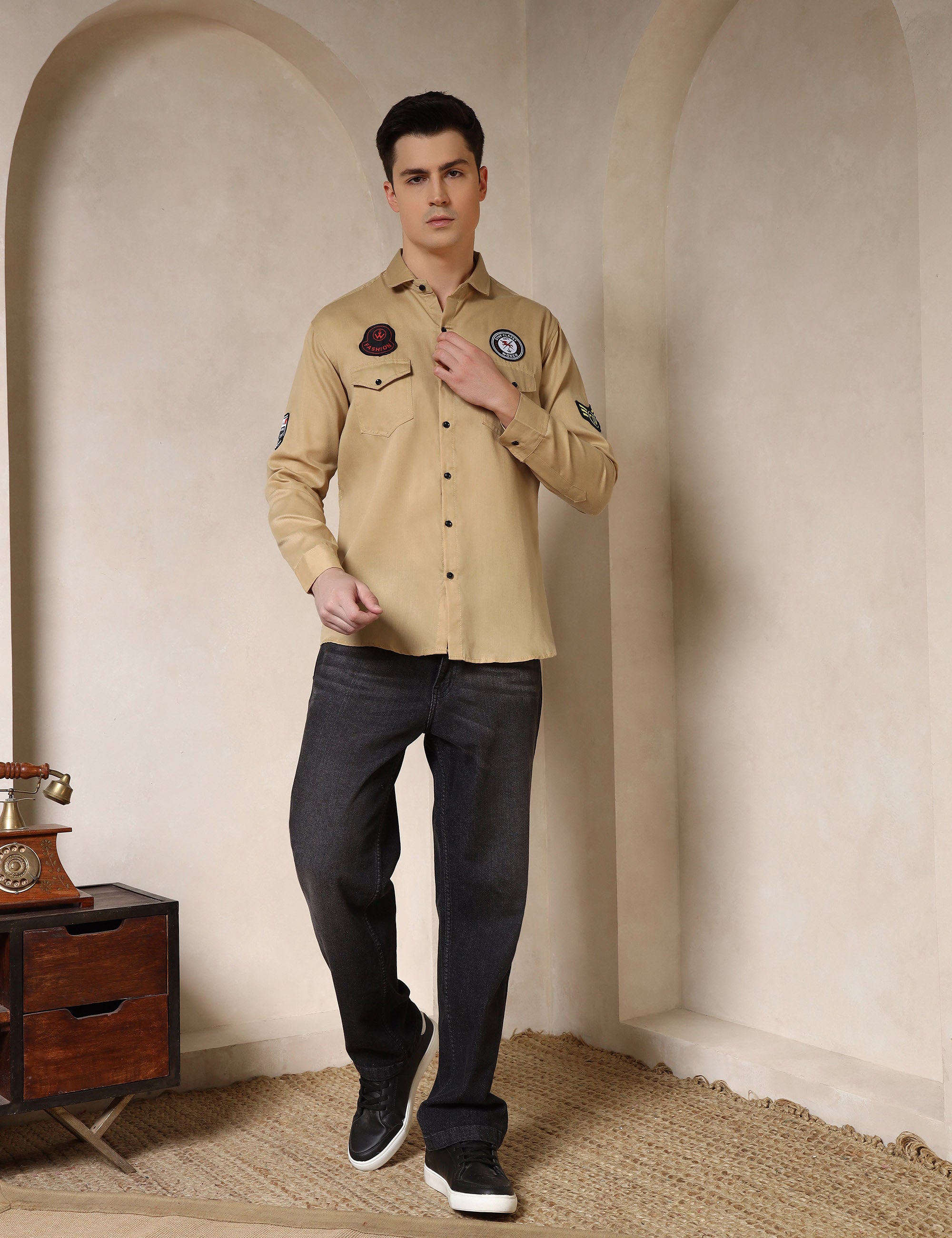 Urban Style Embroidery Patch Ochre Yellow Cotton Blend Shirt