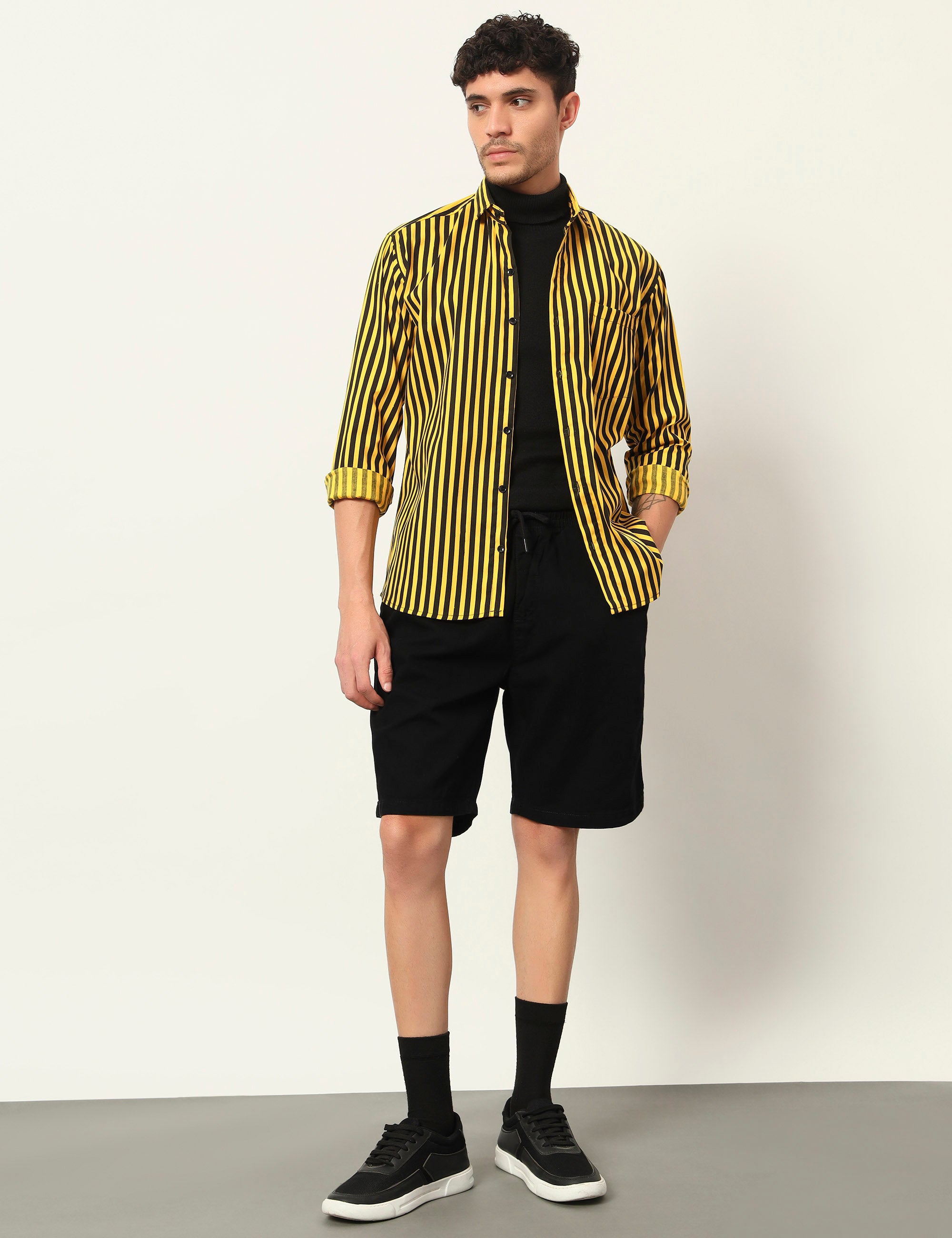 Inferno Stripes Casual Yellow Cotton Blend Shirt