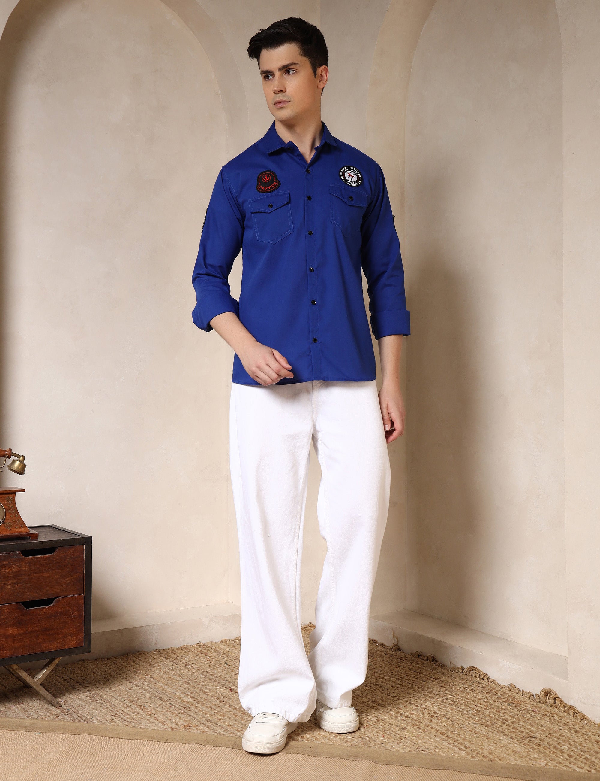 Urban Style Embroidery Patch Royal Blue Cotton Blend Shirt