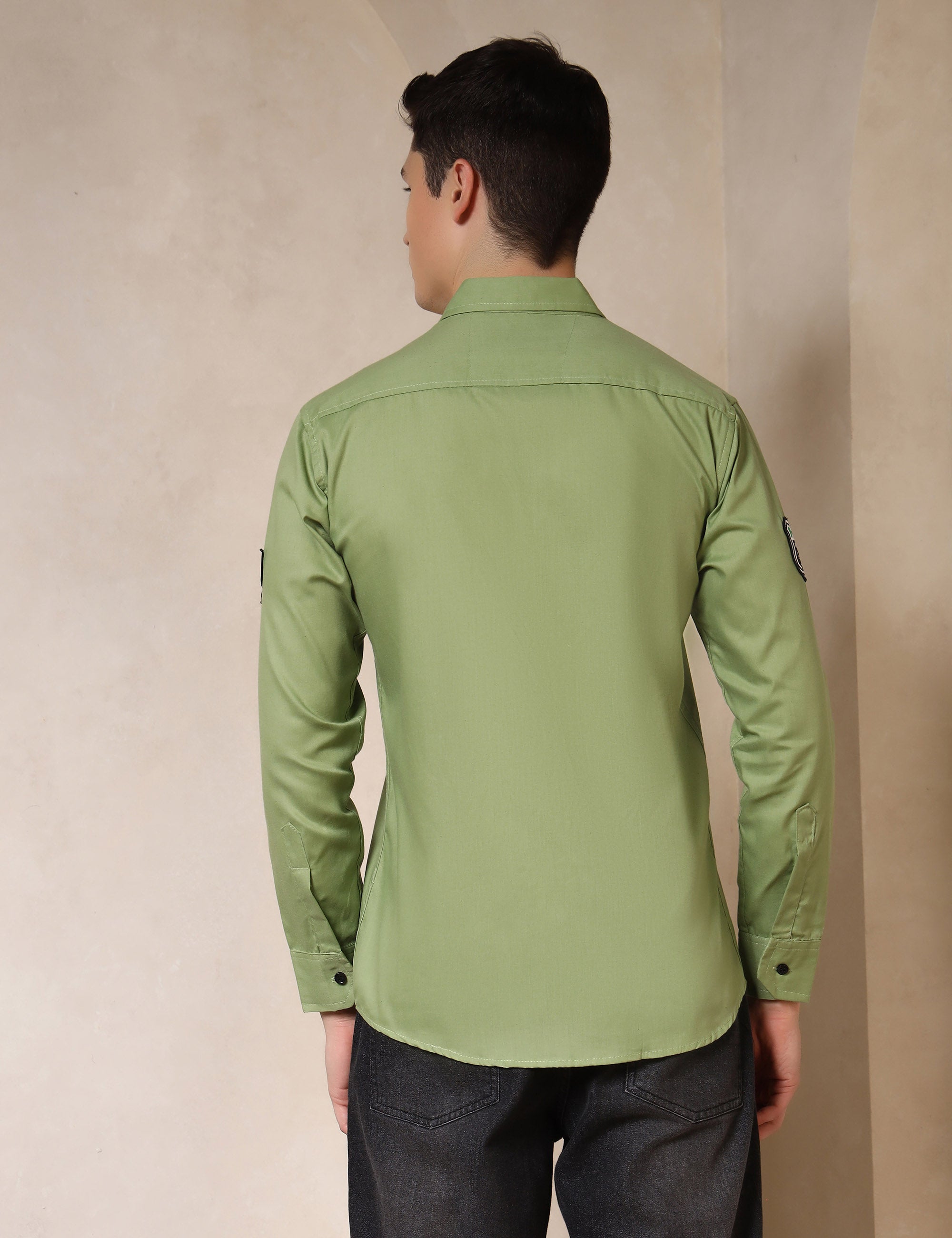 Urban Style Embroidery Patch Light Green Cotton Blend Shirt