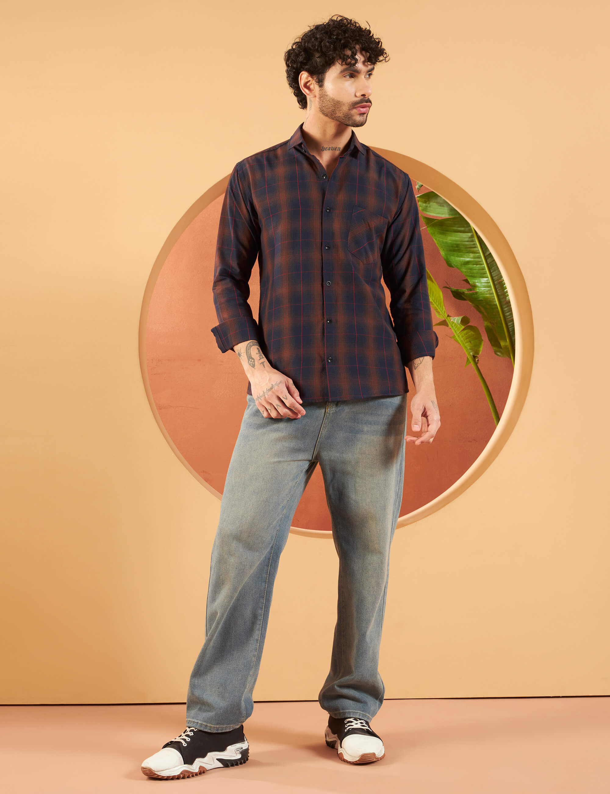 Rust Navy Grid Cotton-Blend Shirt