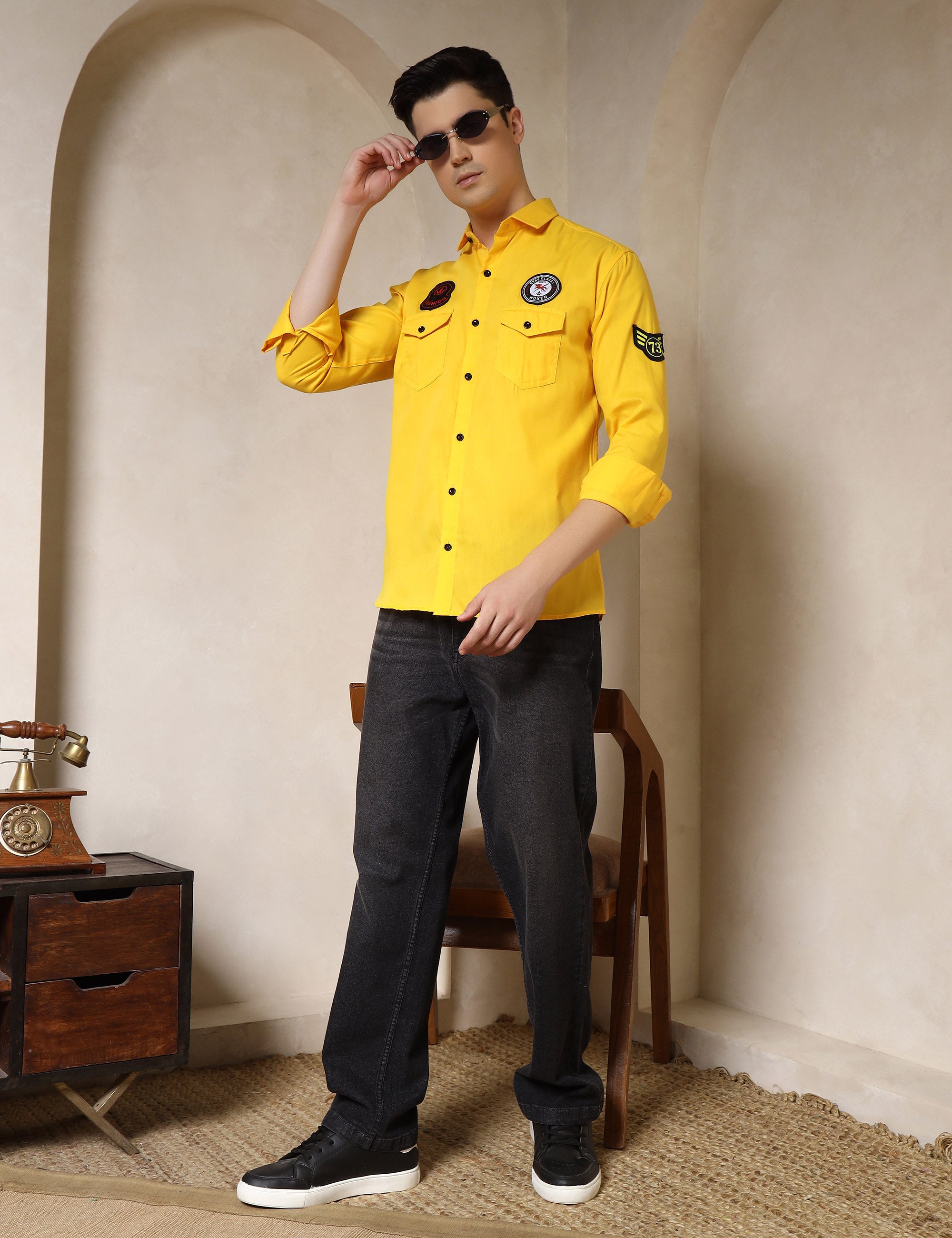 Urban Style Embroidery Patch Yellow Cotton Blend Shirt