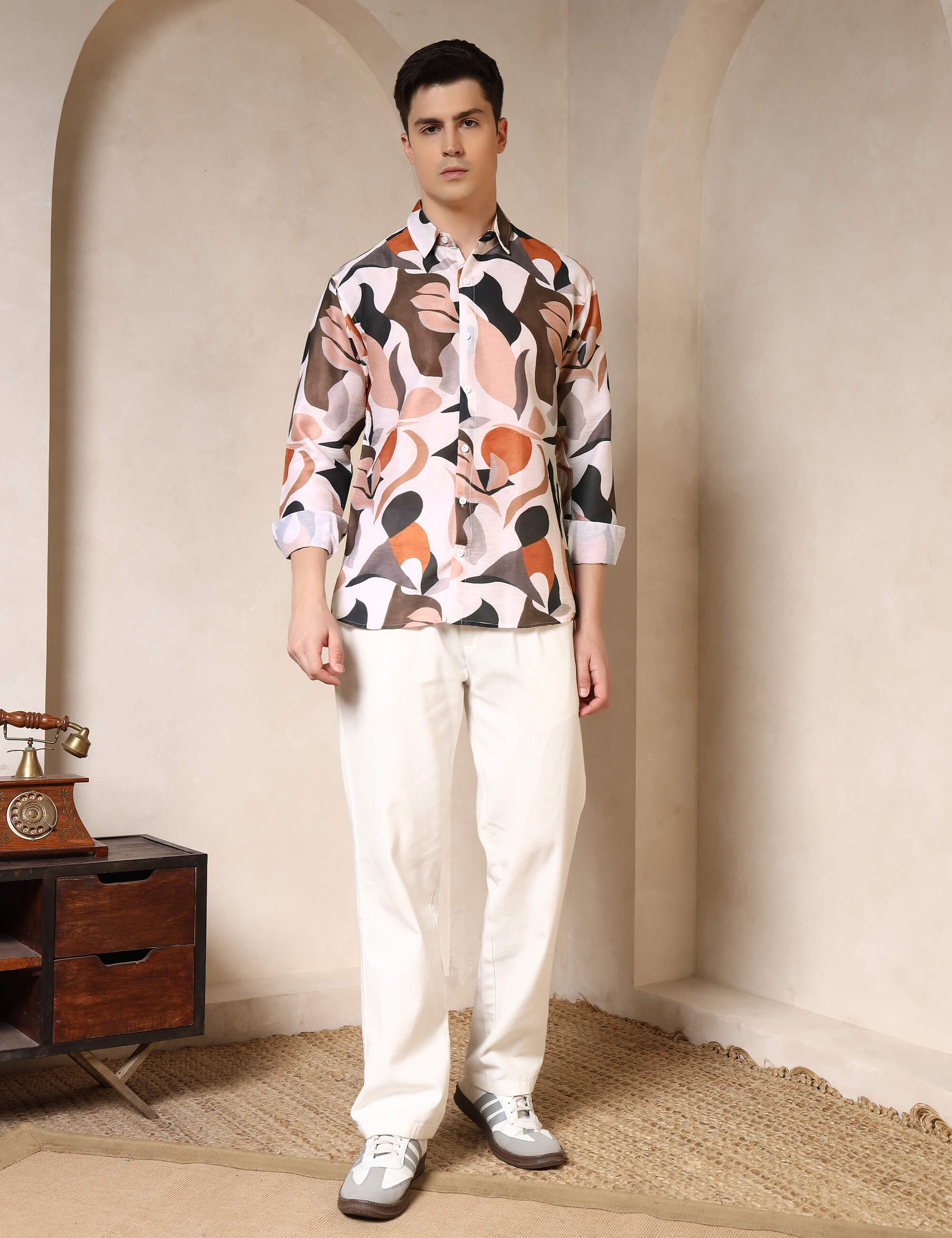 Earth Tone Abstract Cotton Blend Printed Casual Shirt