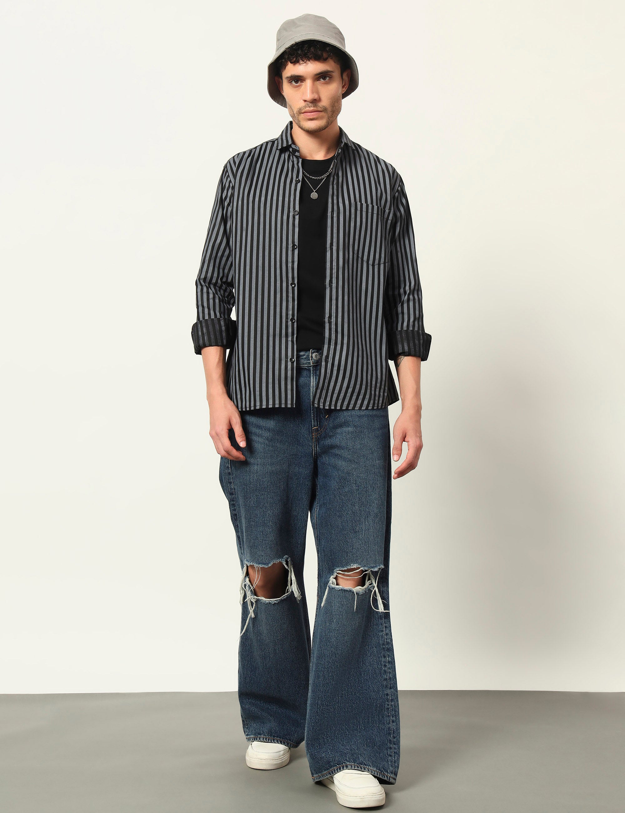 Inferno Stripes Casual Grey Cotton Blend Shirt