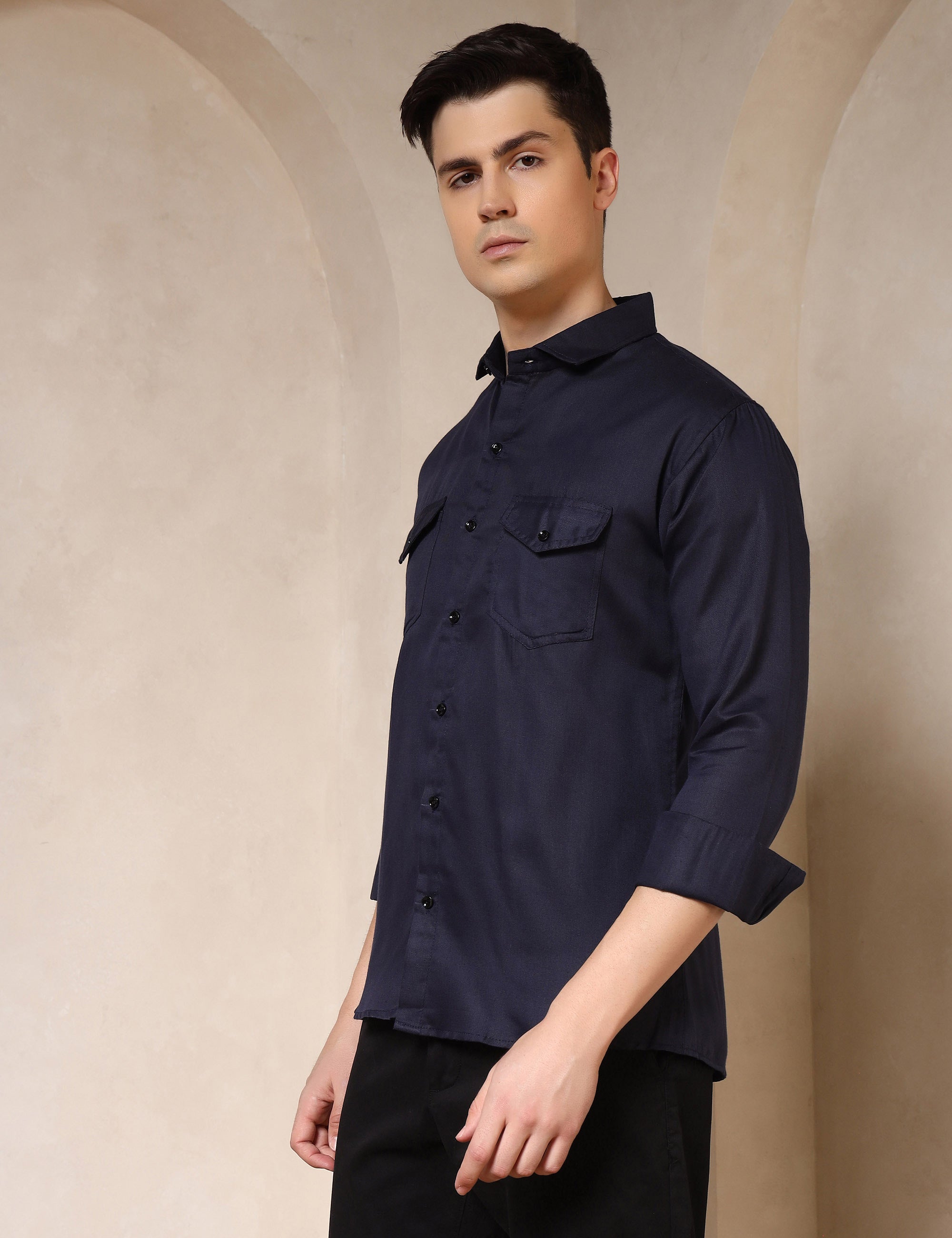 Classic Navy Blue Dual Pocket Cotton Blend Shirt