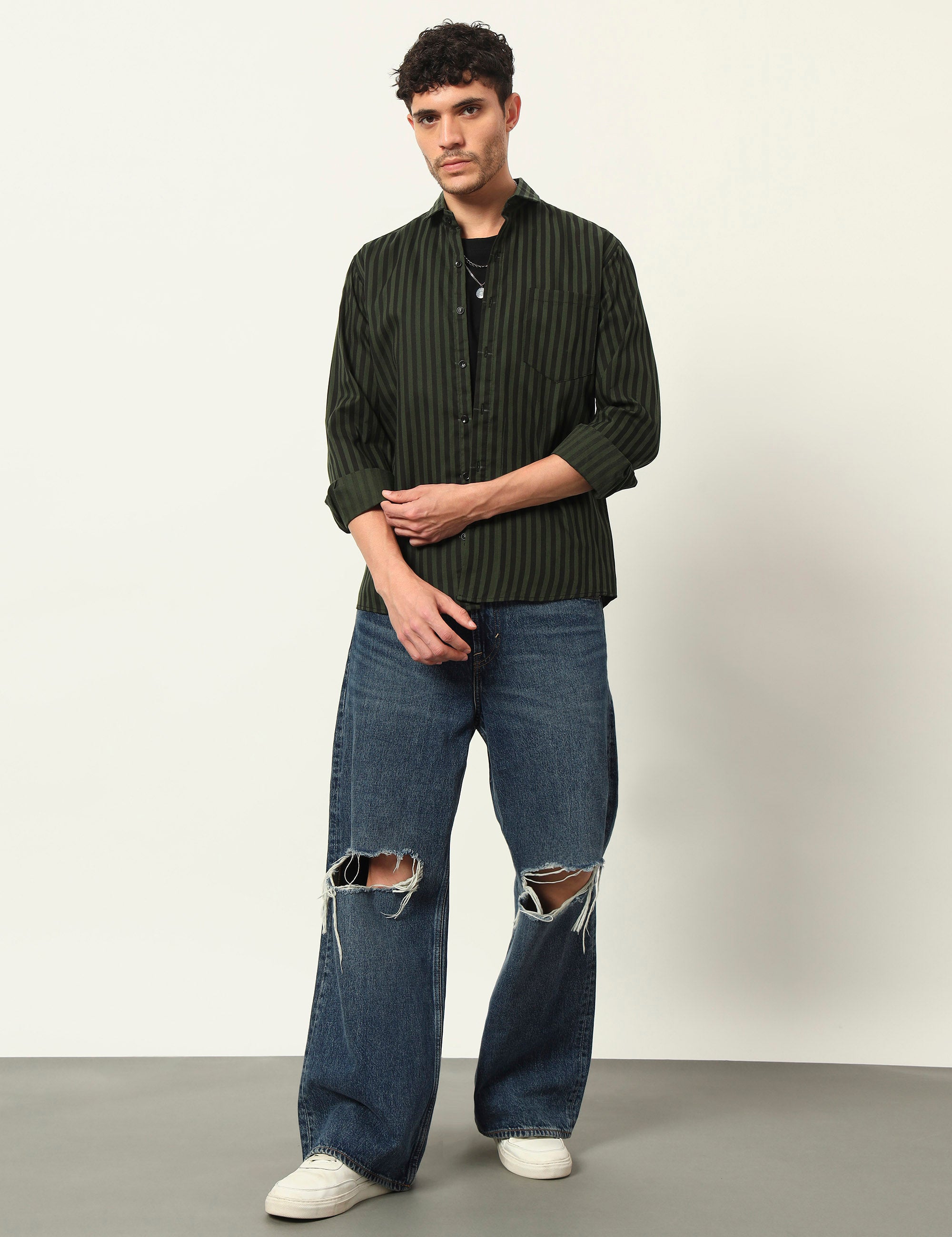 Inferno Stripes Casual Olive Green Cotton Blend Shirt