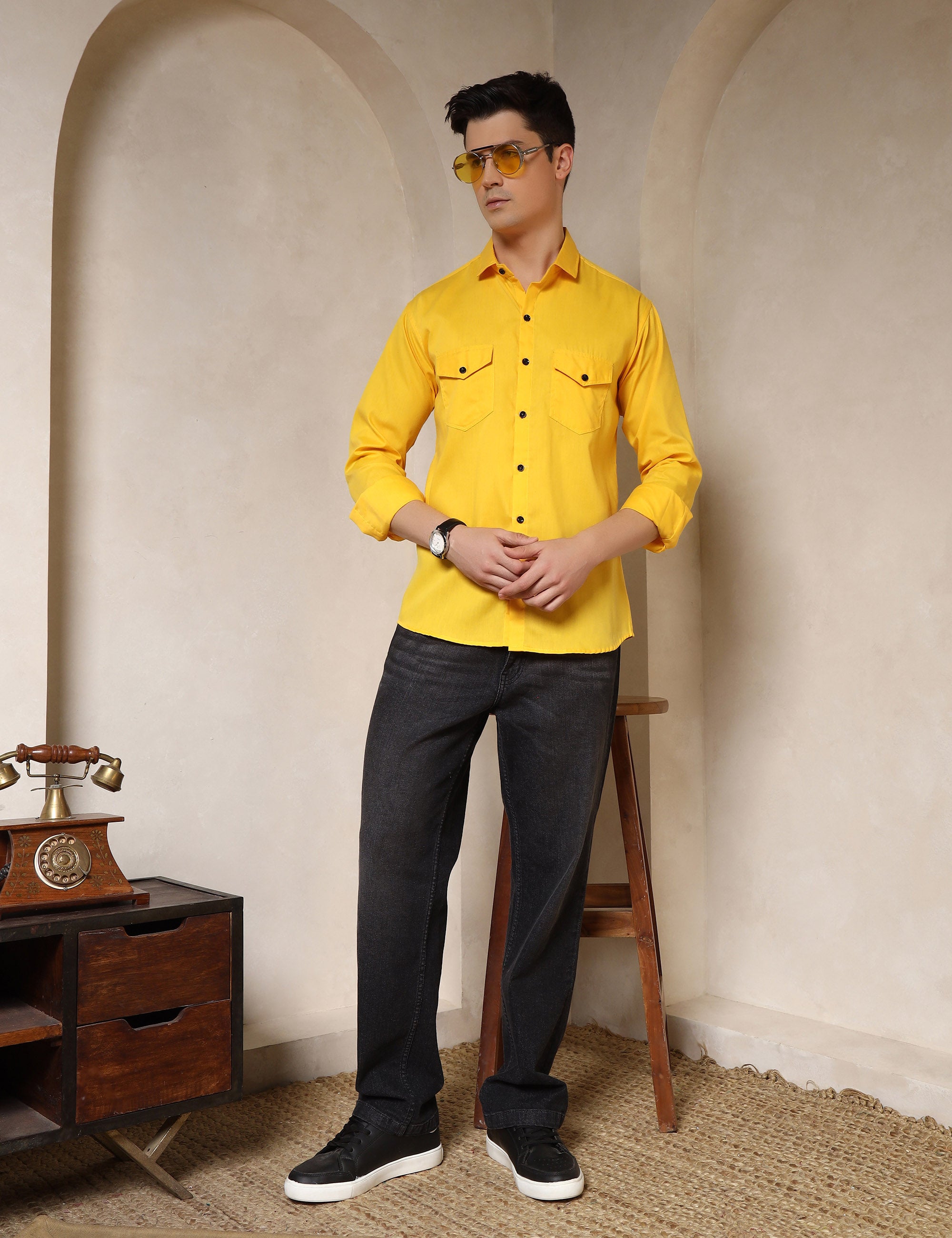 Classic Yellow Dual Pocket Cotton Blend Shirt
