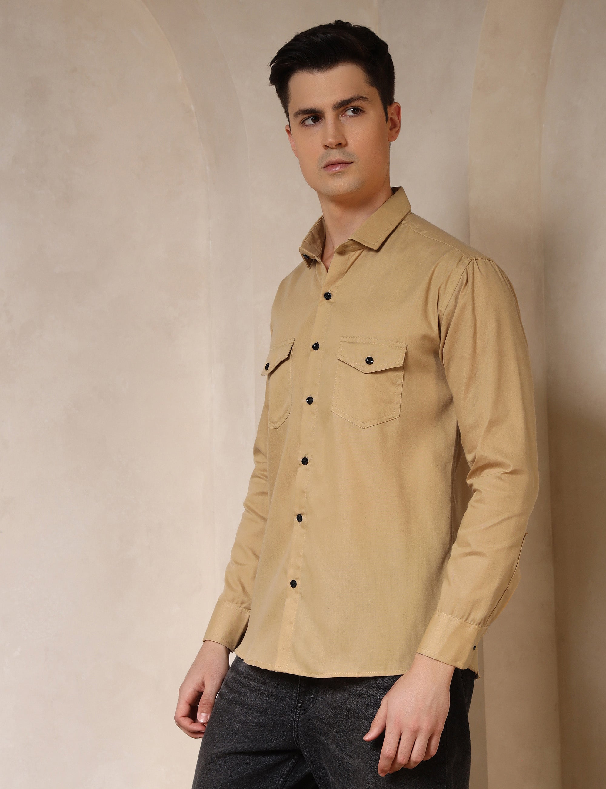 Classic Ochre Yellow Dual Pocket Cotton Blend Shirt