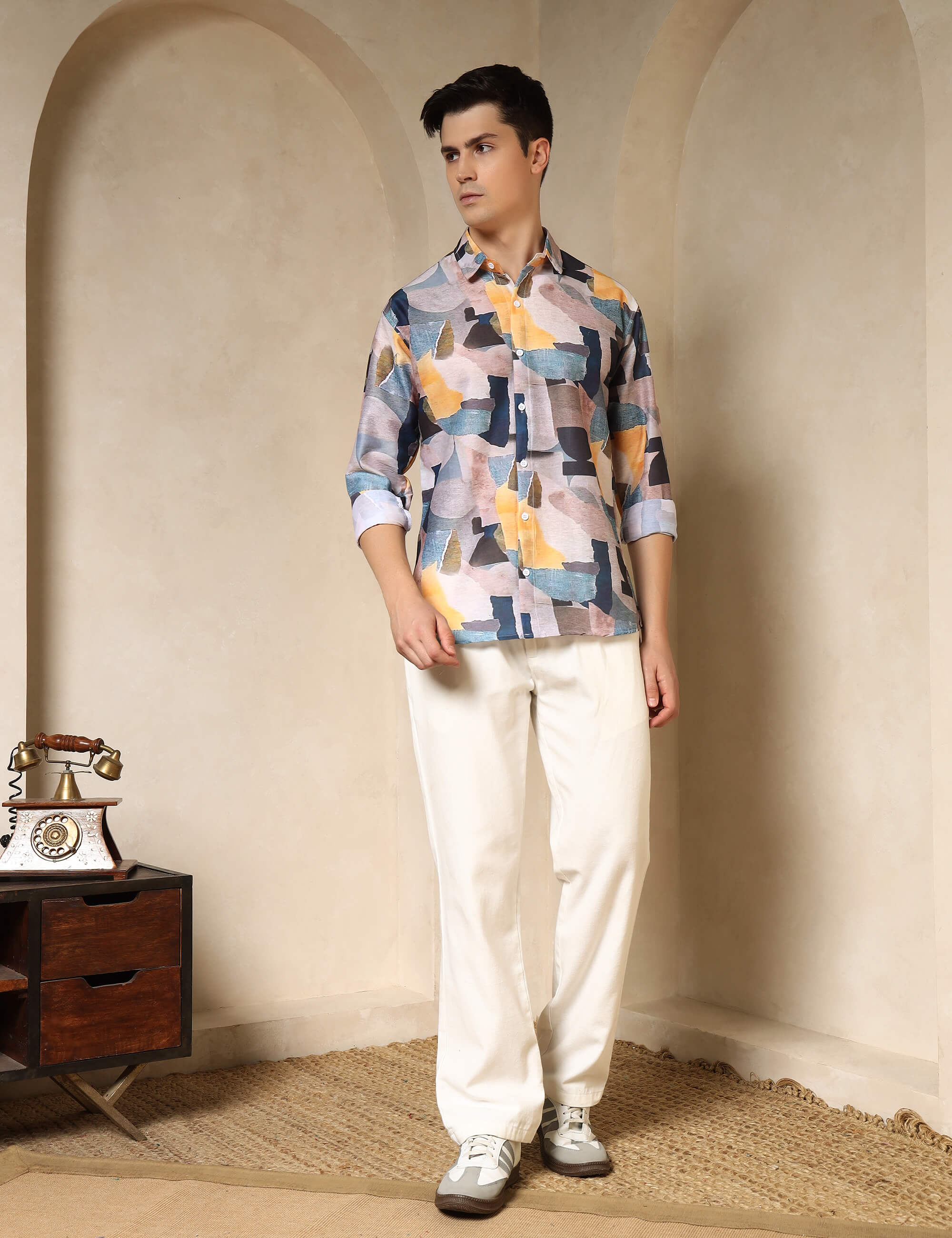 Abstract Brushstroke Printed Cotton Blend Casual Shirt