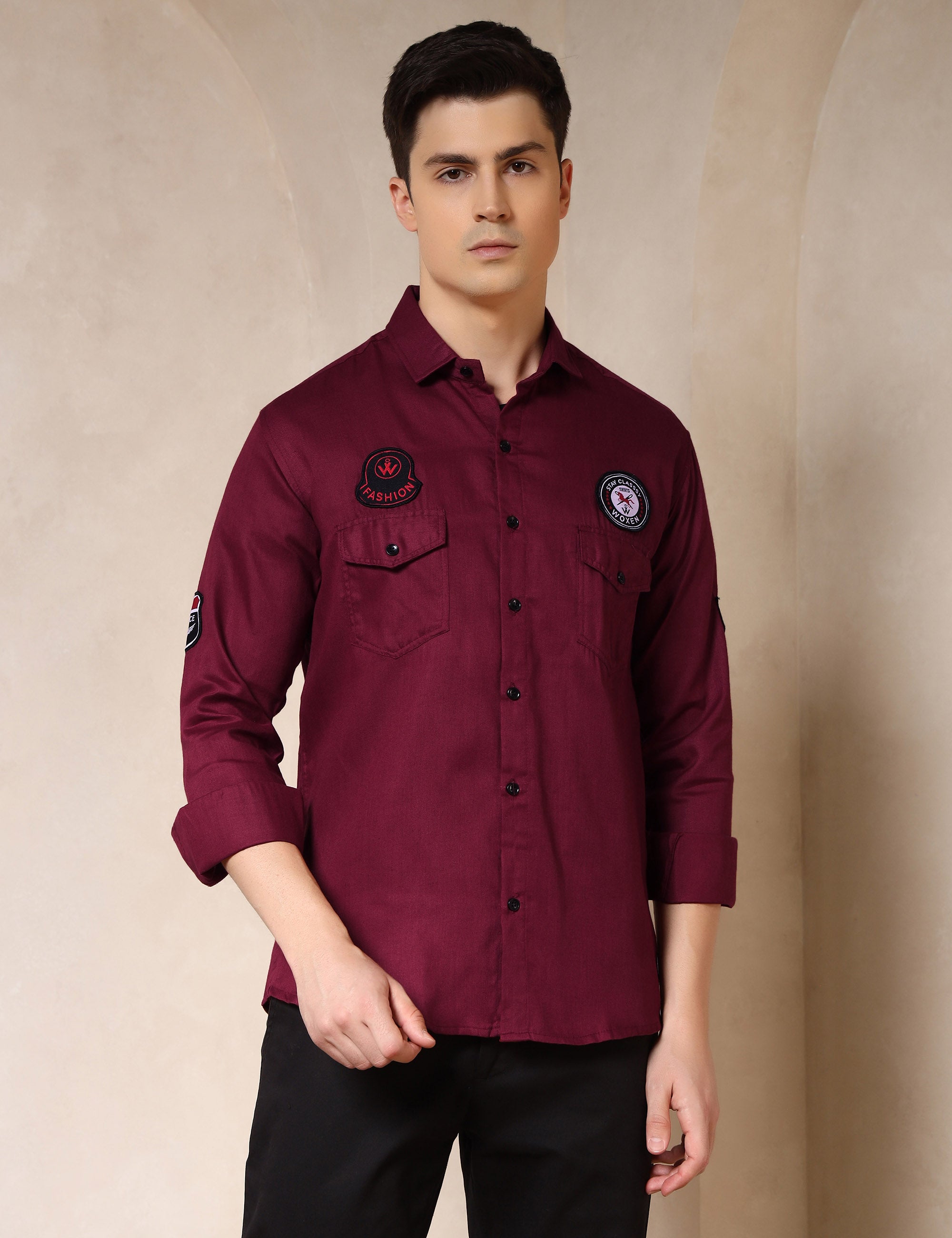 Urban Style Embroidery Patch Maroon Cotton Blend Shirt
