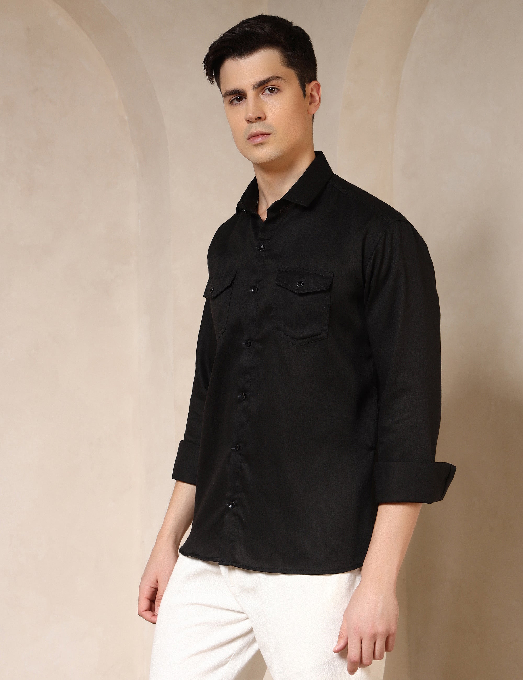 Classic Black Dual Pocket Cotton Blend Shirt