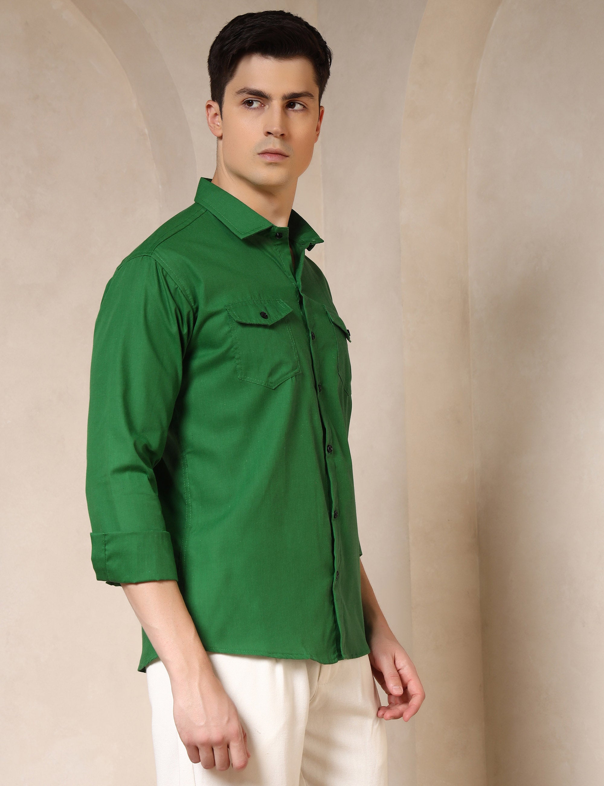 Classic Bright Green Dual Pocket Cotton Blend Shirt
