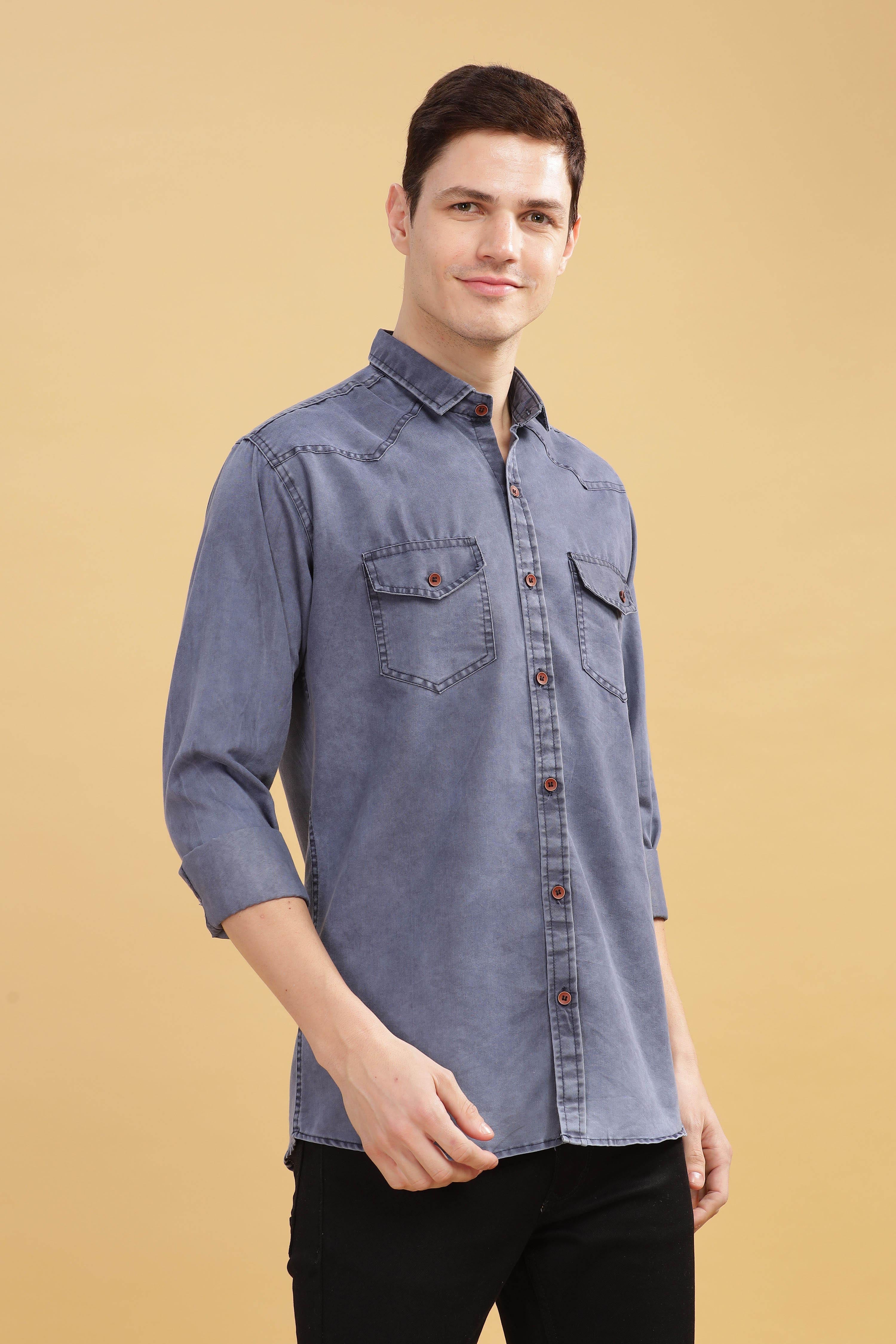 Men’s Washed Blue Denim Utility Shirt