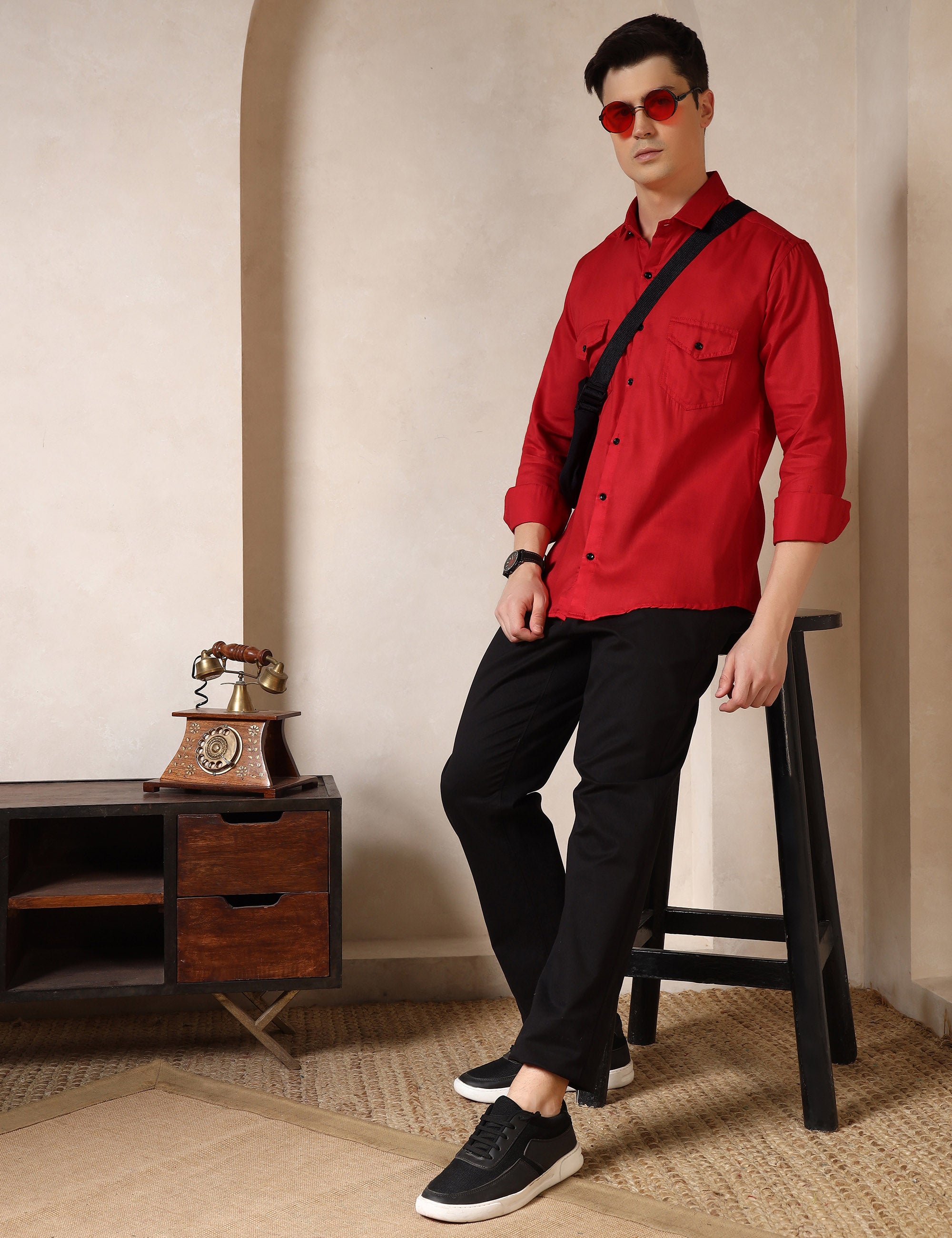 Classic Red Dual Pocket Cotton Blend Shirt