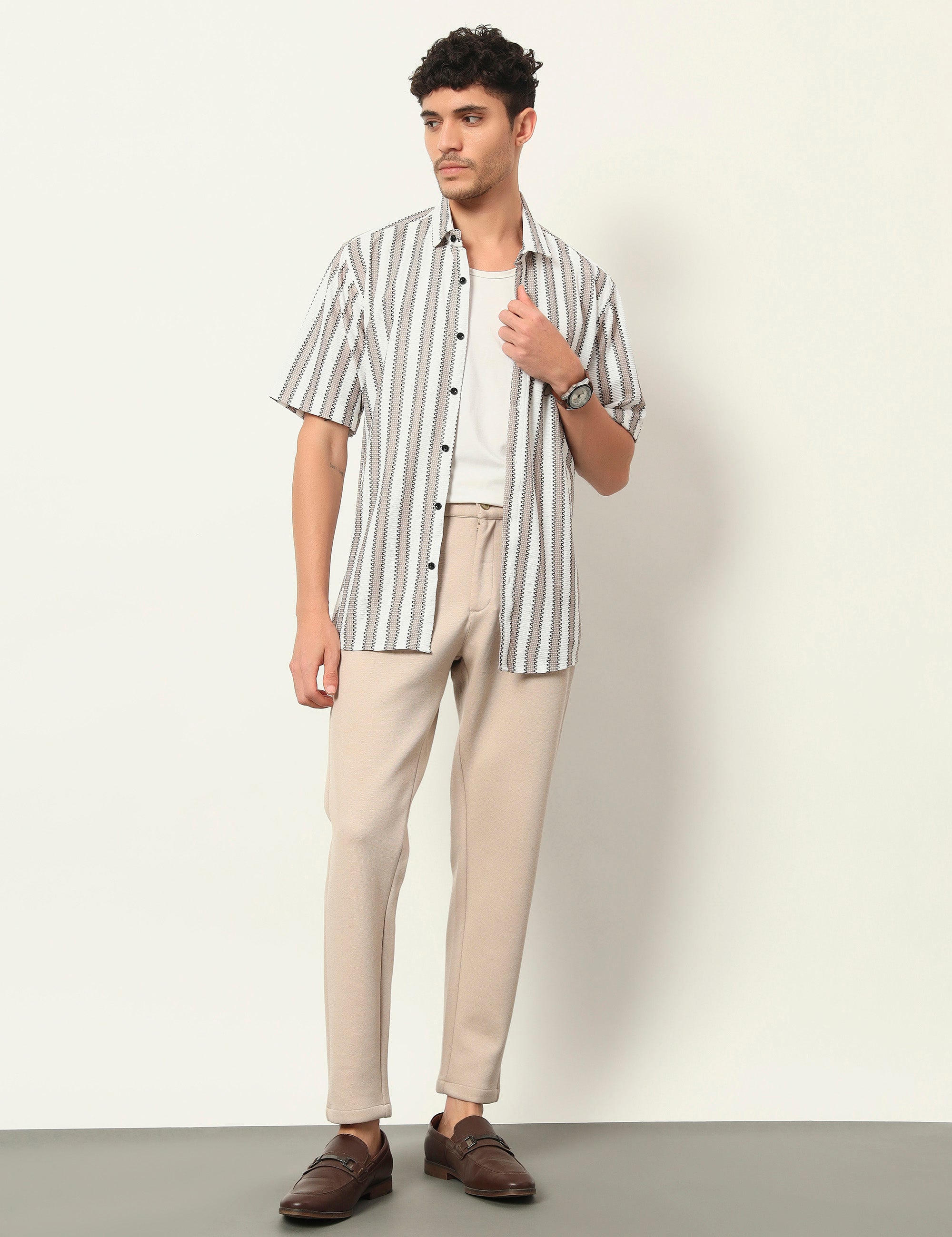 Fresh Flow Polyester Blend Beige Striped Shirt