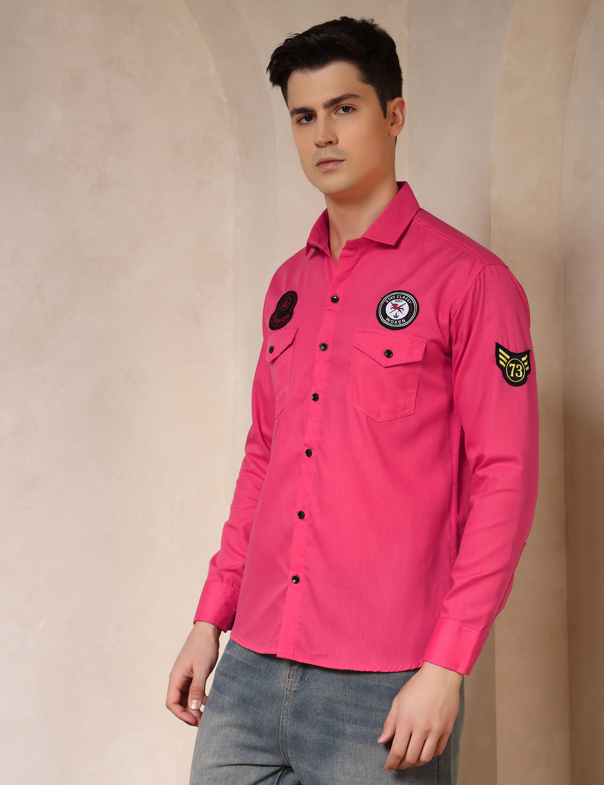 Urban Style Embroidery Patch Pink Cotton Blend Shirt
