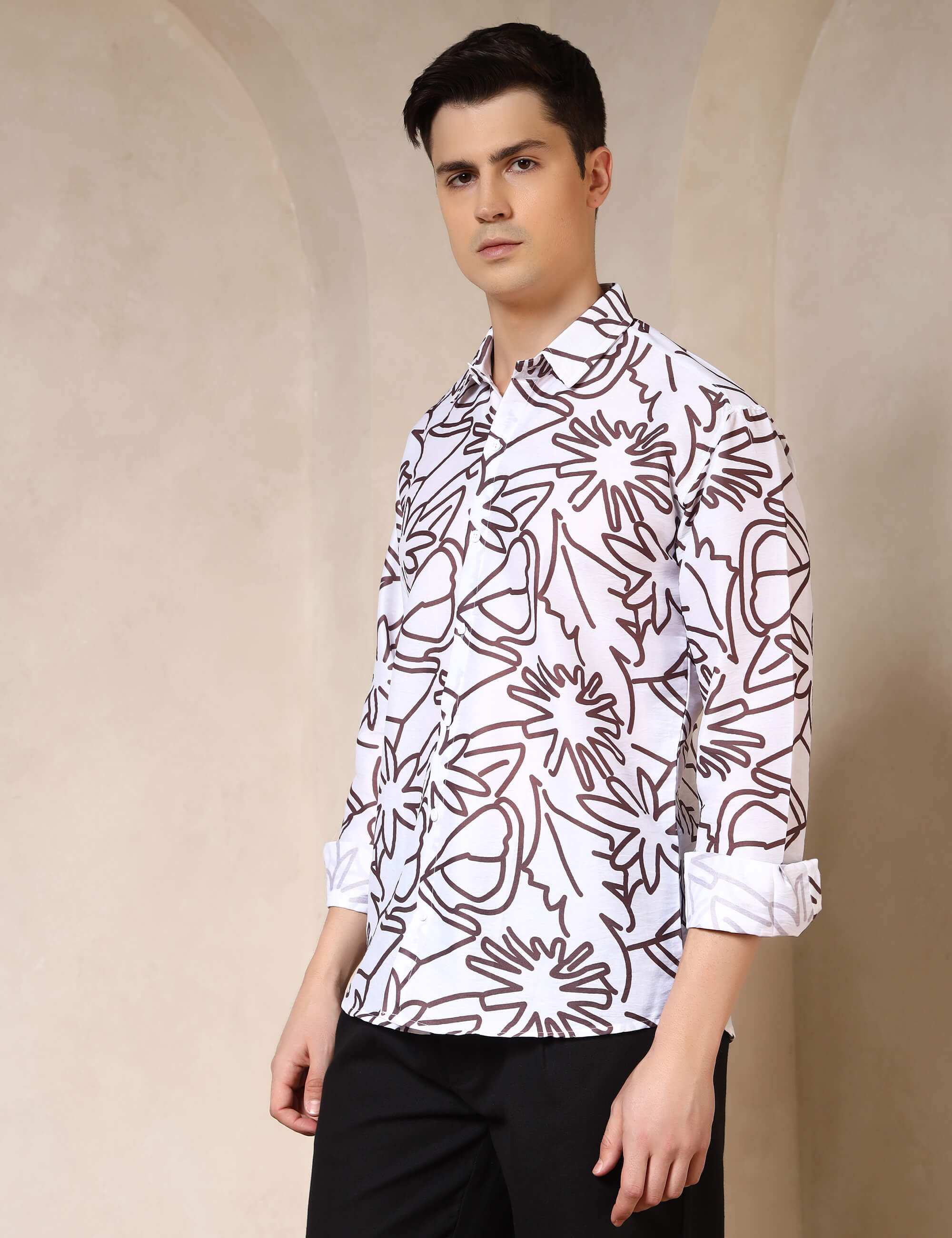 Minimal Floral Line Art Cotton Blend Casual Shirt