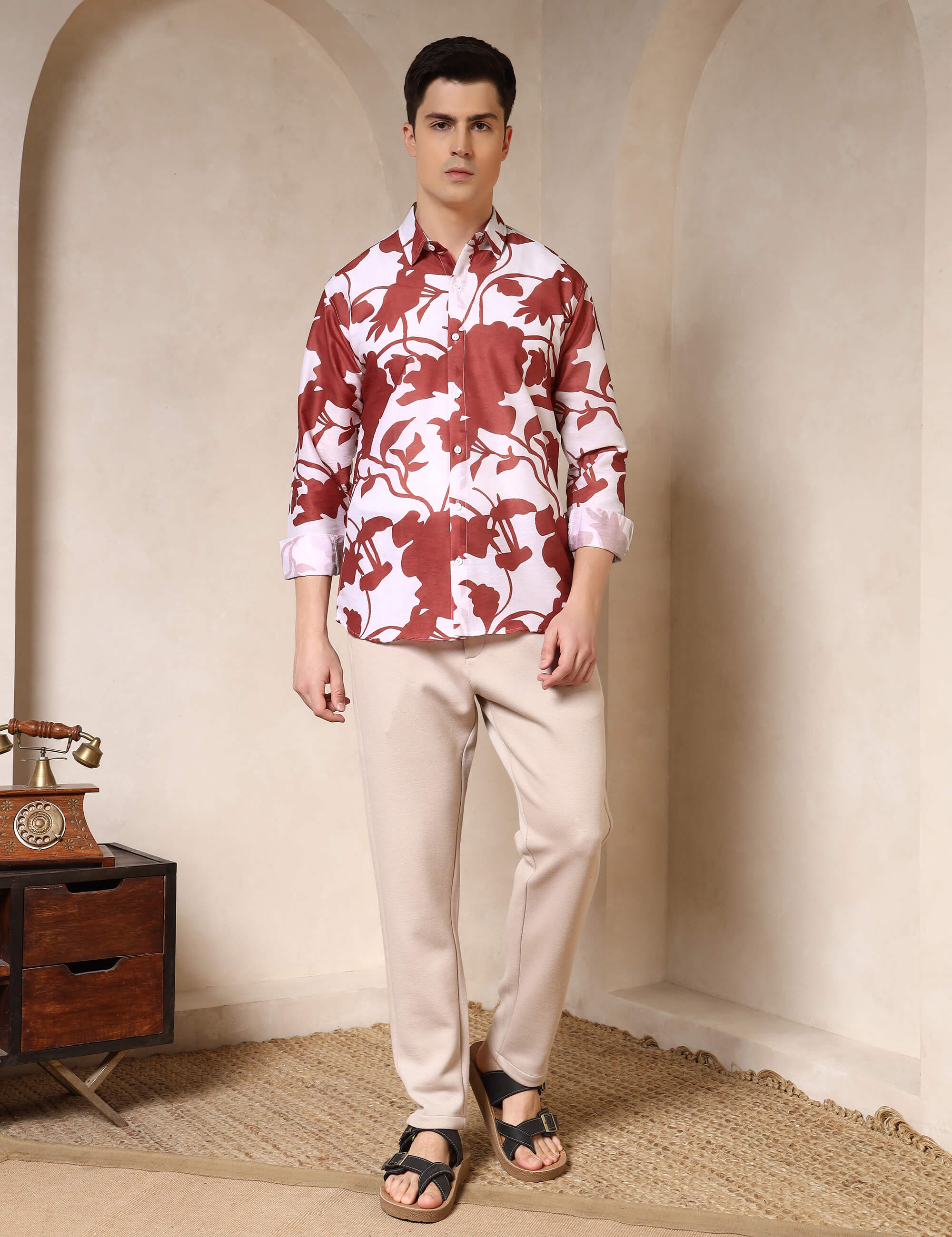 Rust Floral Silhouette Cotton Blend Casual Shirt
