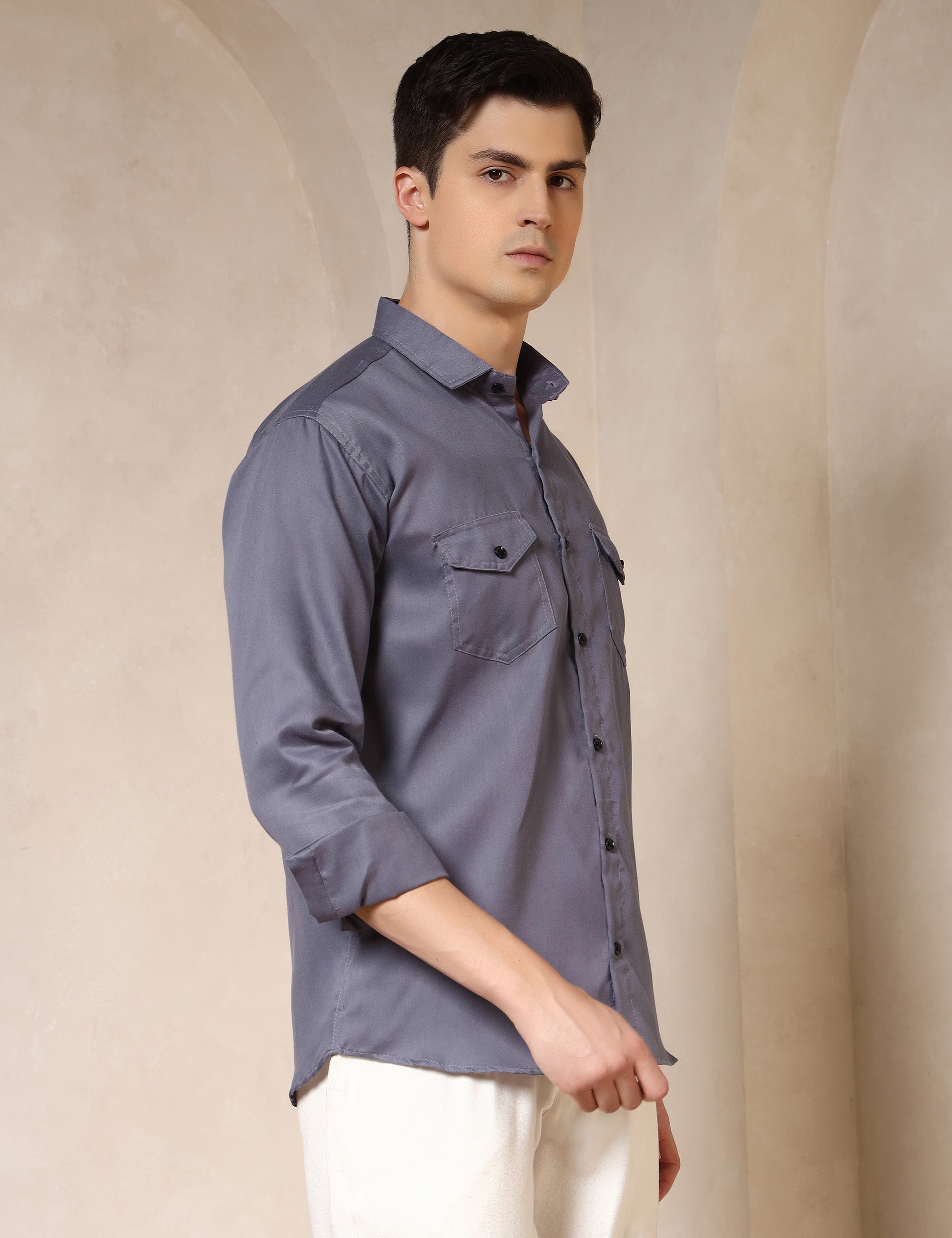 Classic Grey Dual Pocket Cotton Blend Shirt