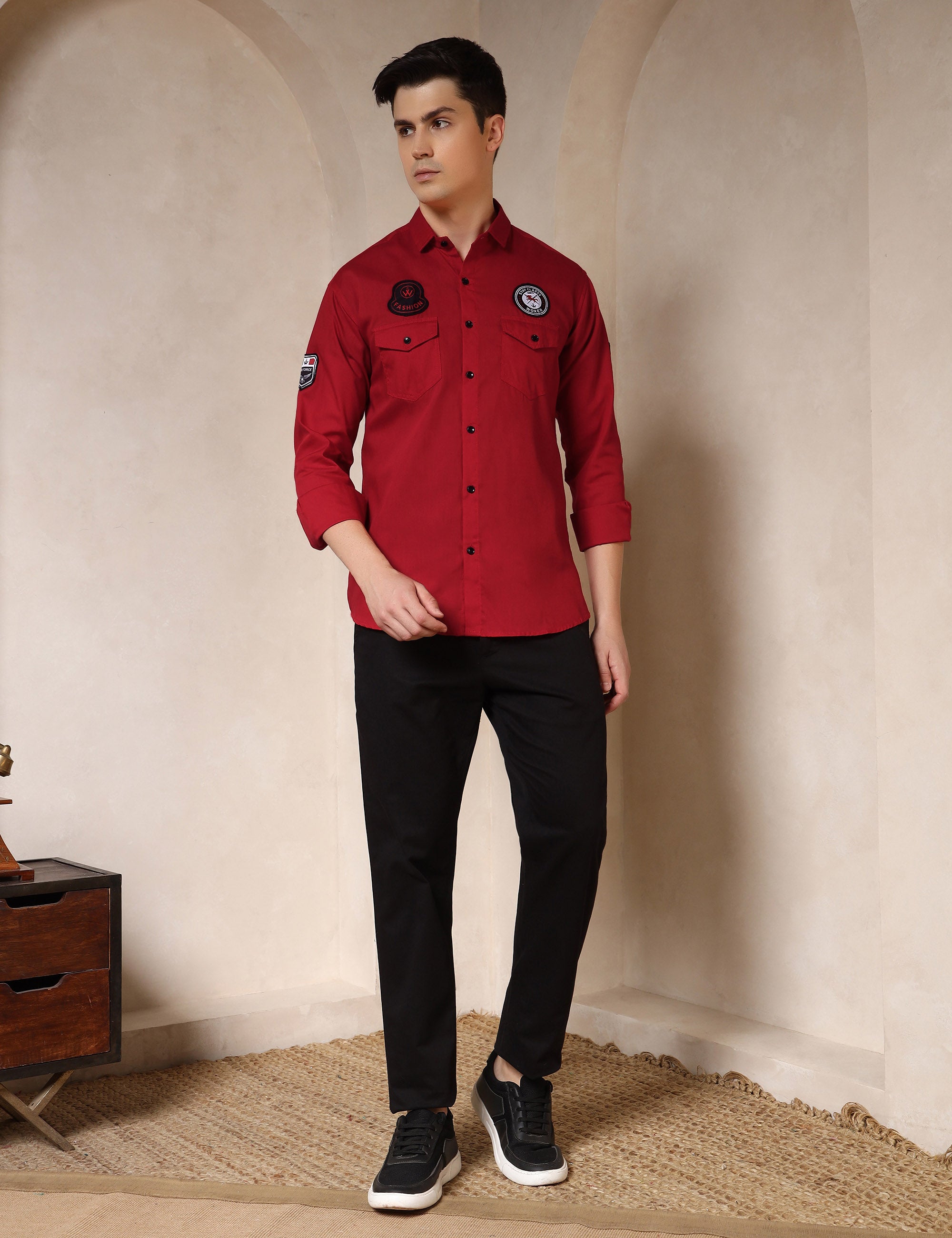 Urban Style Embroidery Patch Red Cotton Blend Shirt