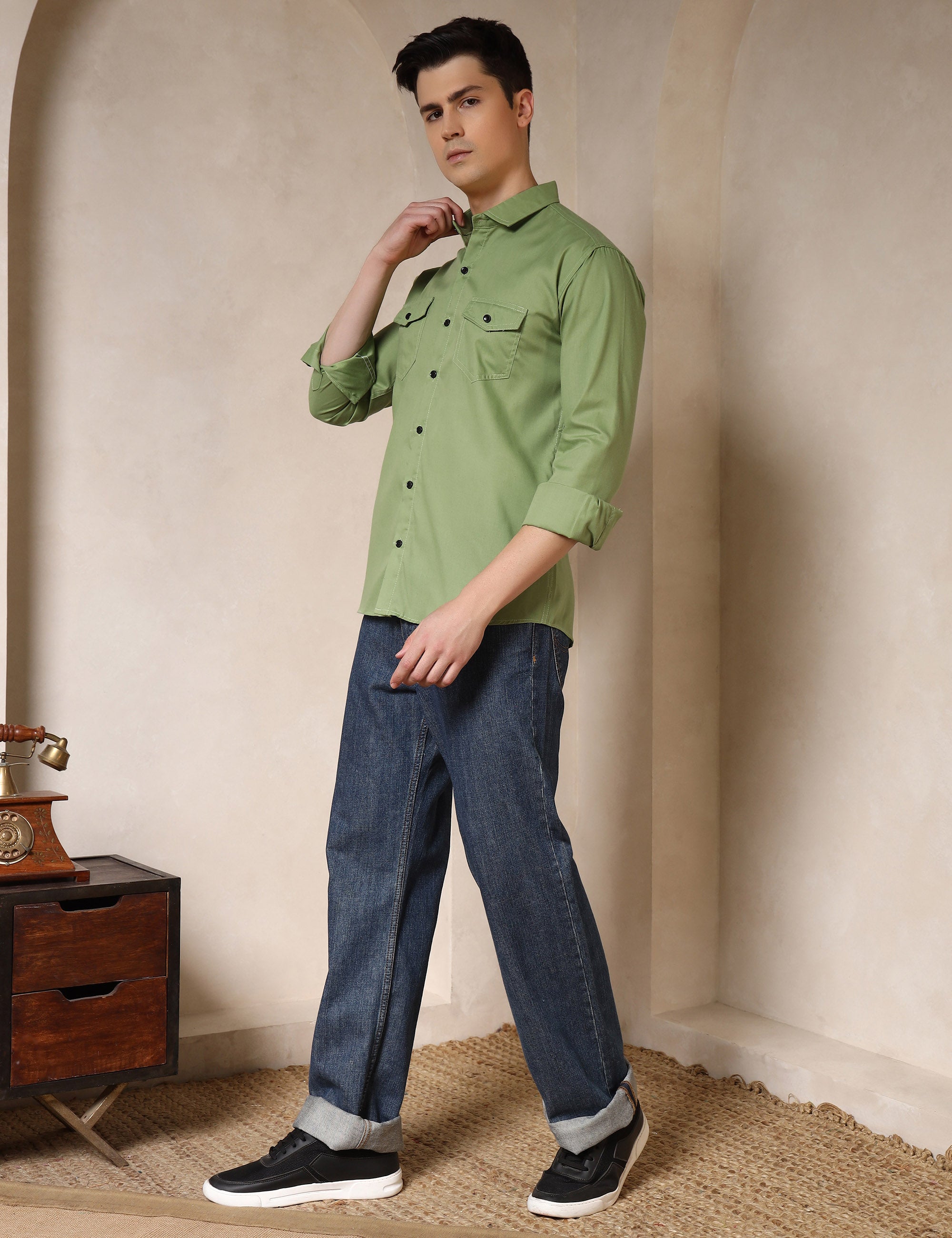 Classic Light Green Dual Pocket Cotton Blend Shirt